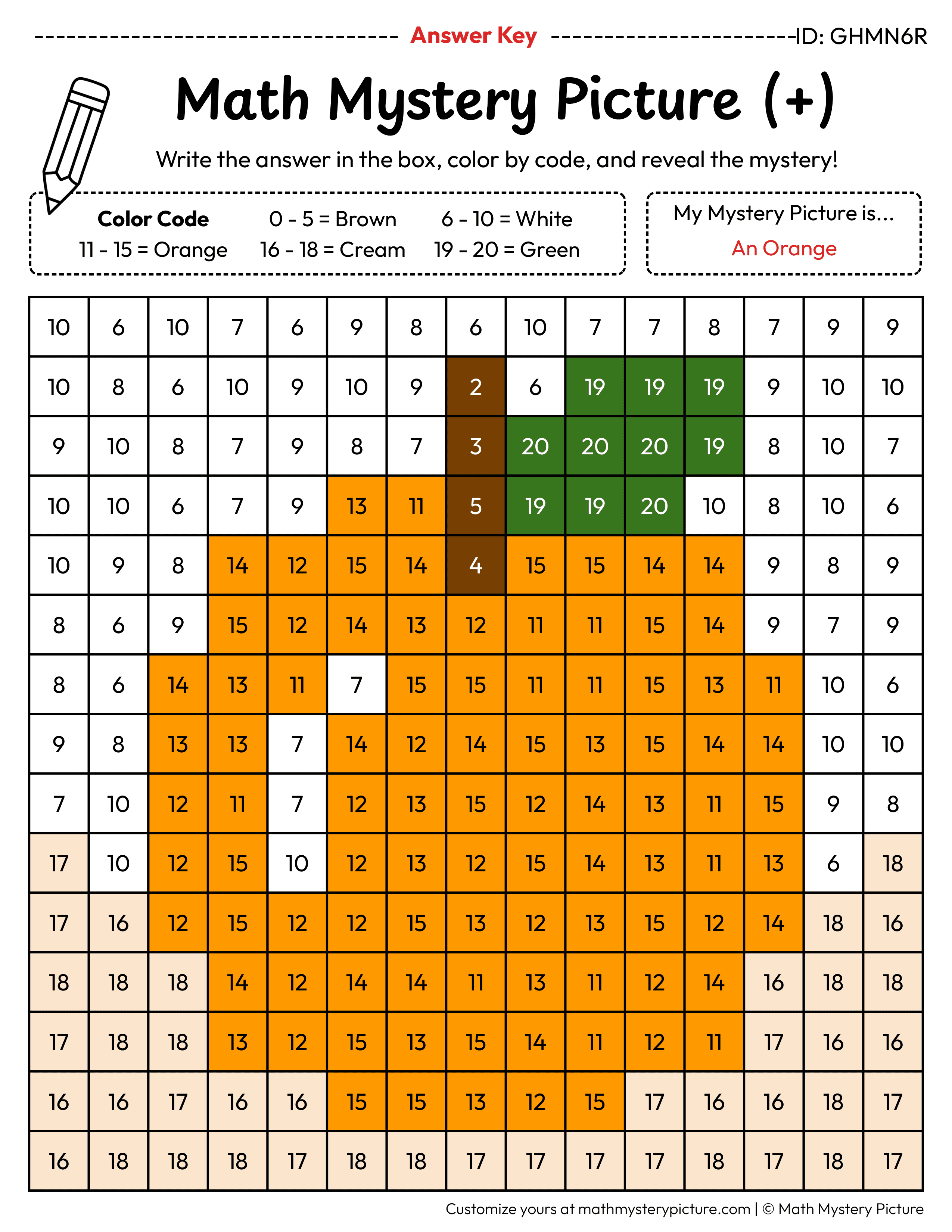 Orange Addition Within 20 Math Mystery Picture Color by Number Answer Key