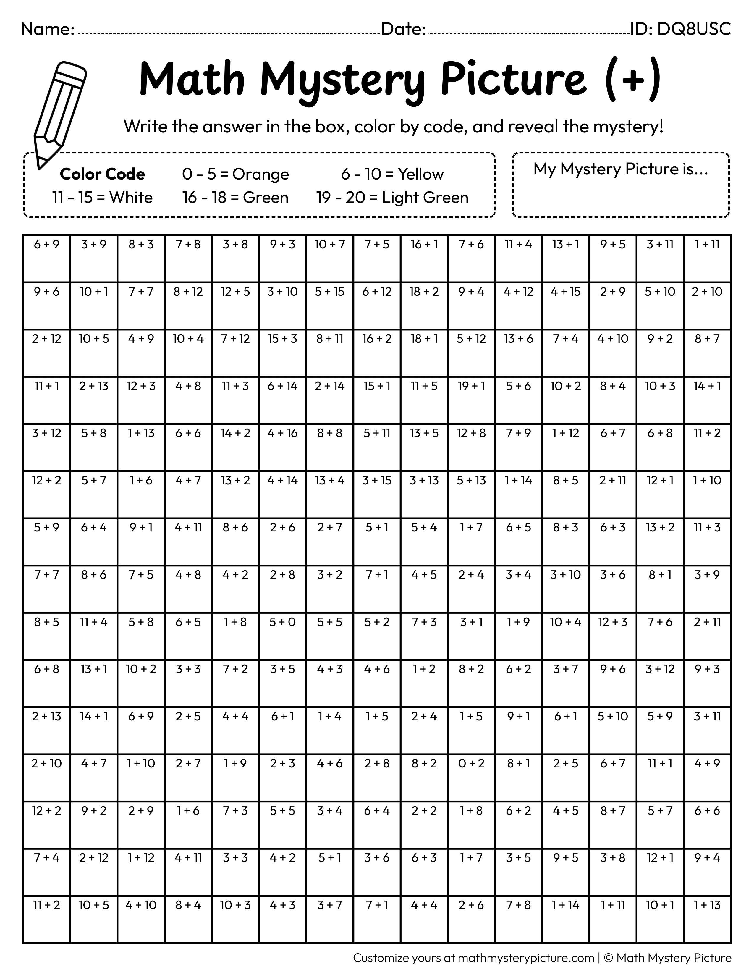 Pineapple Addition Within 20 Math Mystery Picture Coloring Worksheet