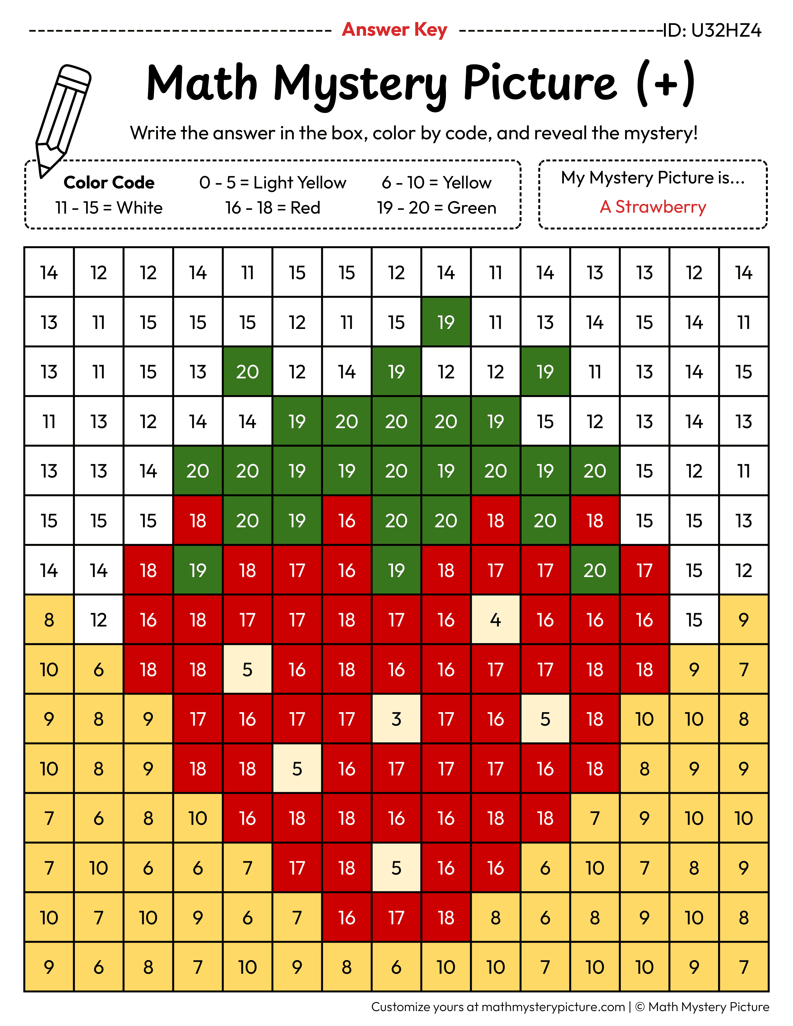 Strawberry Addition Within 20 Math Mystery Picture Color by Number Answer Key