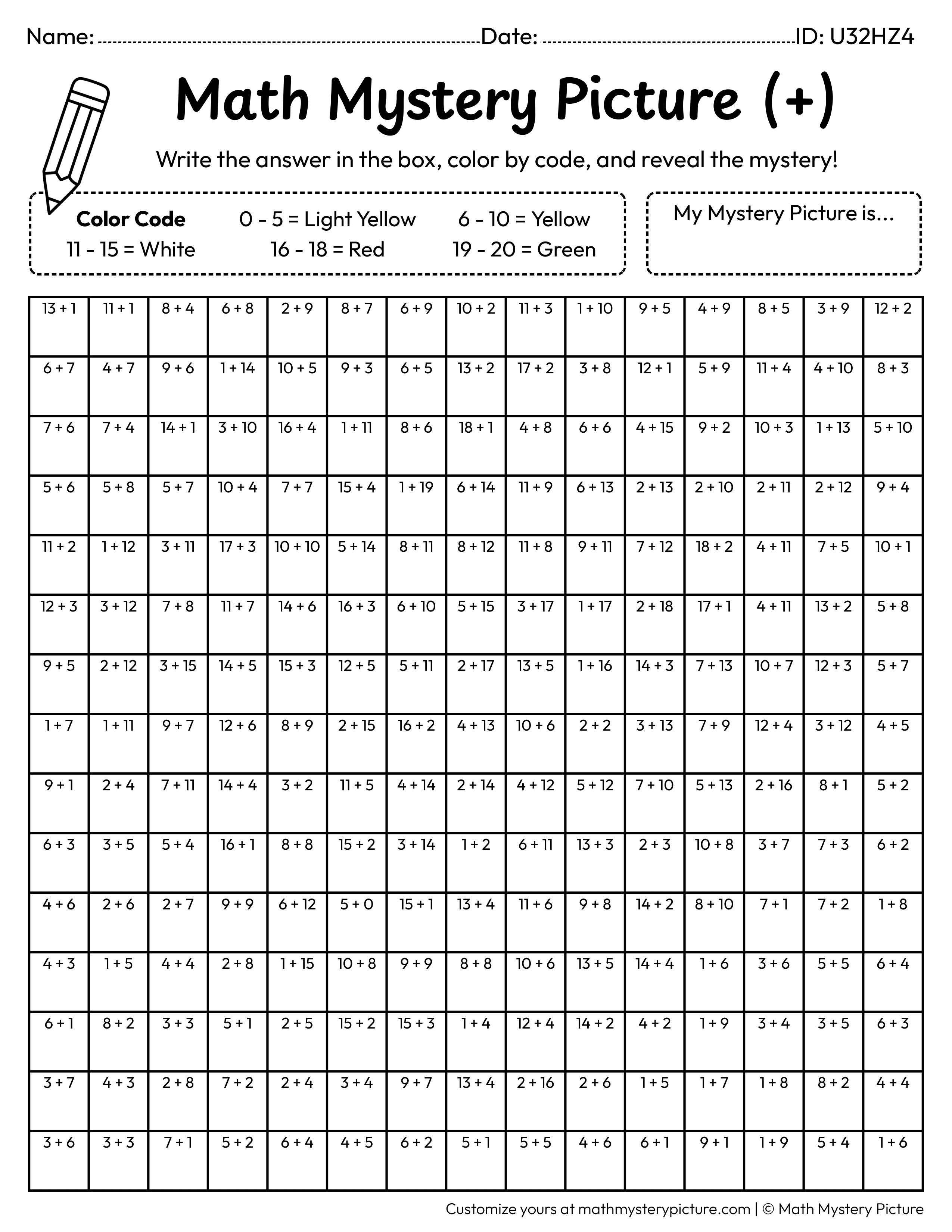 Strawberry Addition Within 20 Math Mystery Picture Coloring Worksheet