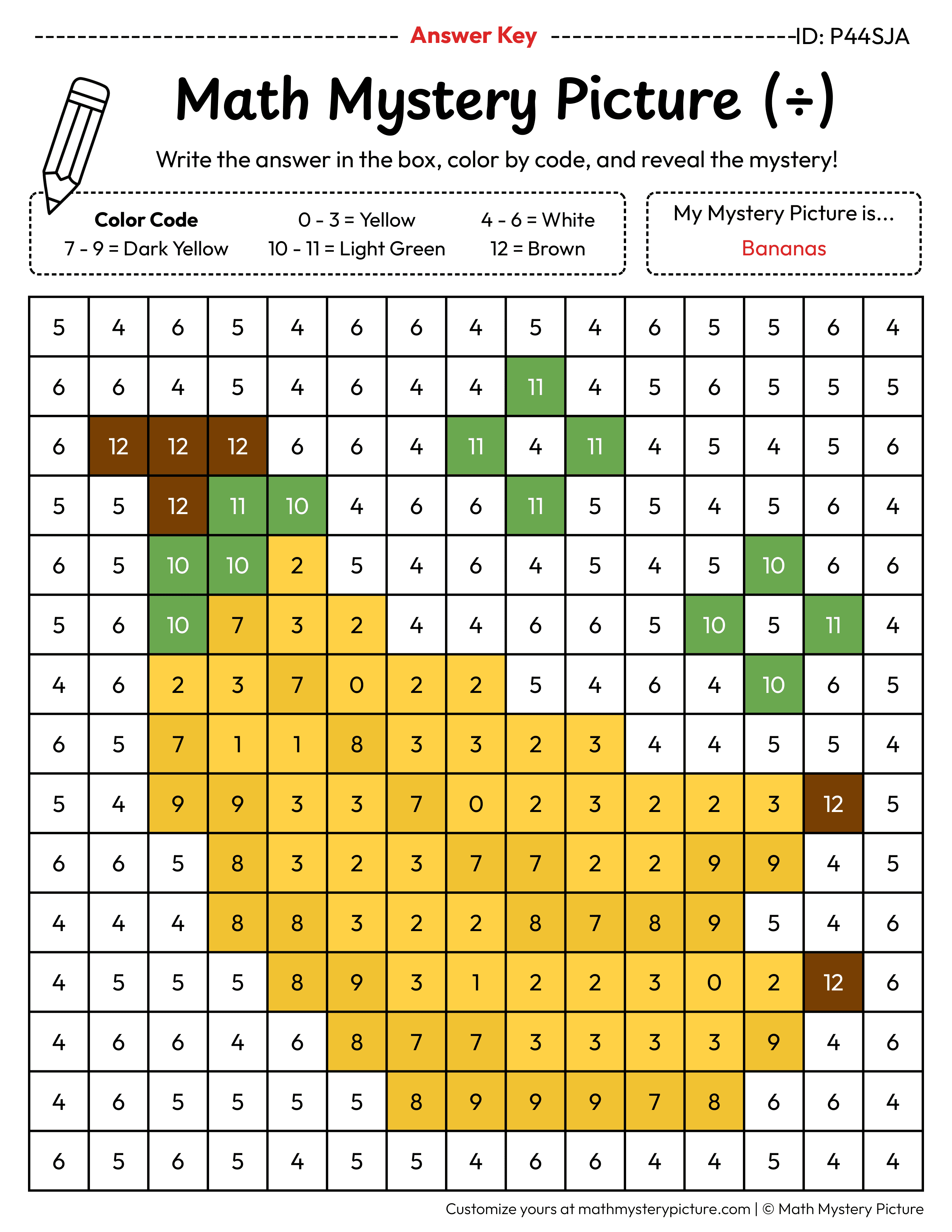 Bananas Division Facts Math Mystery Picture Color by Number Answer Key