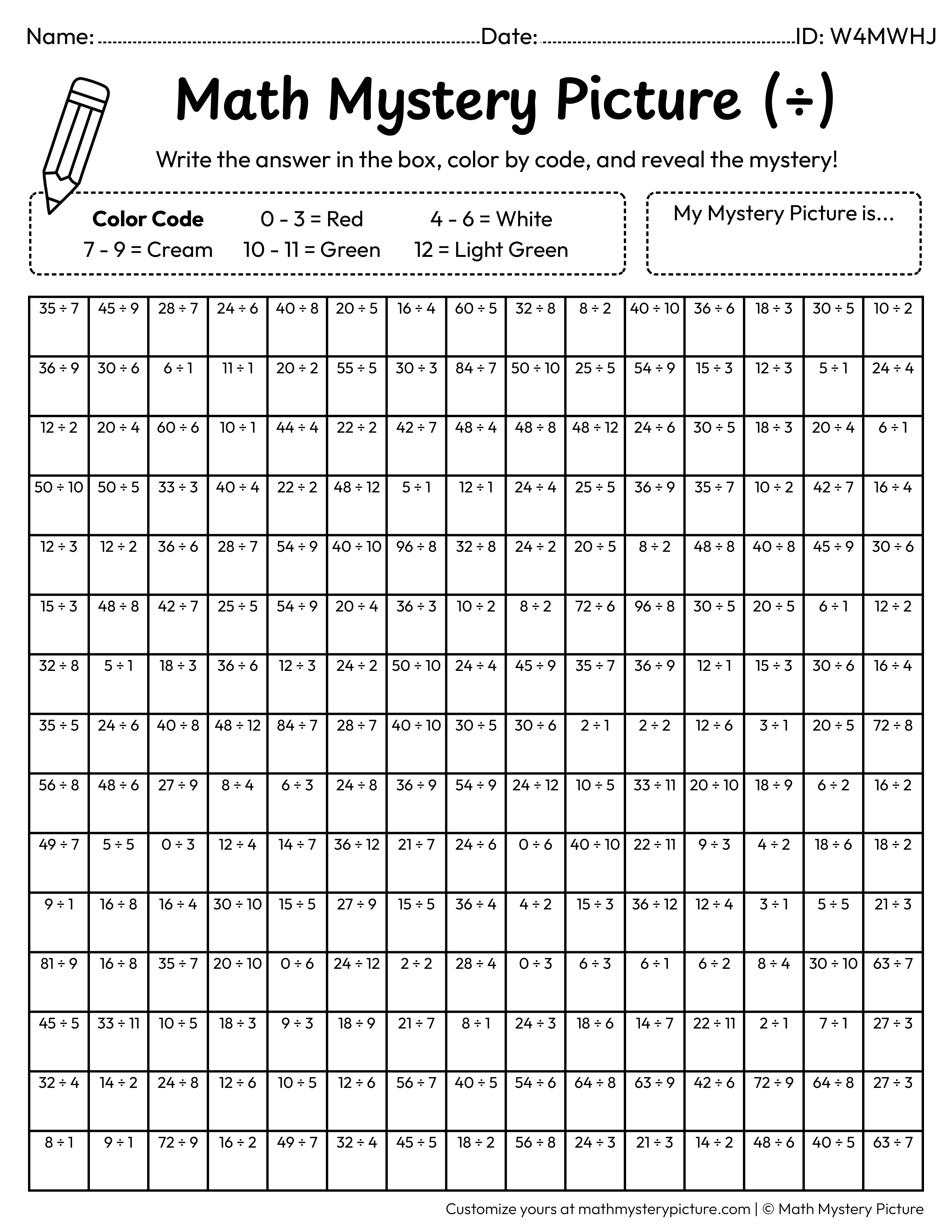 Cherries Division Facts Math Mystery Picture Coloring Worksheet