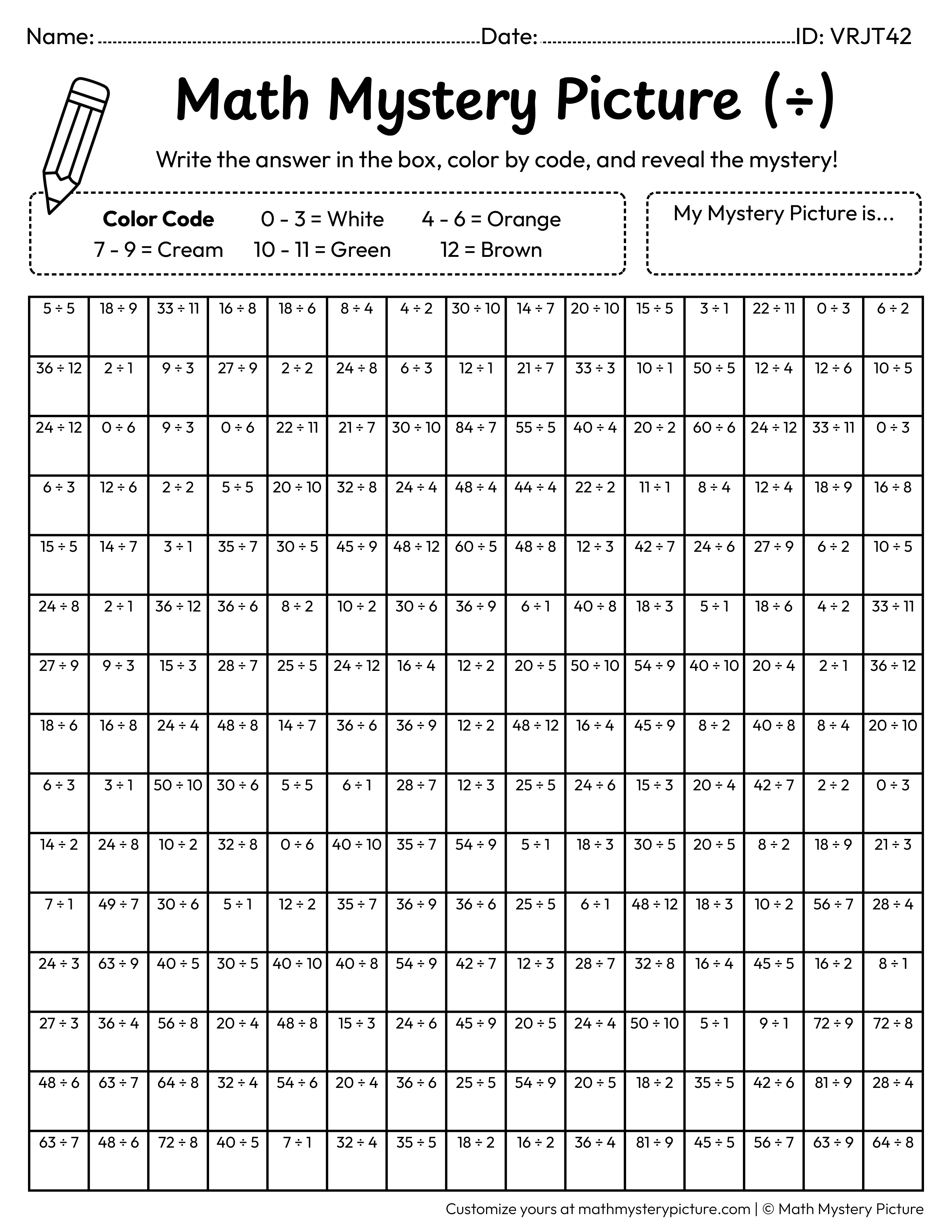 Orange Division Facts Math Mystery Picture Coloring Worksheet