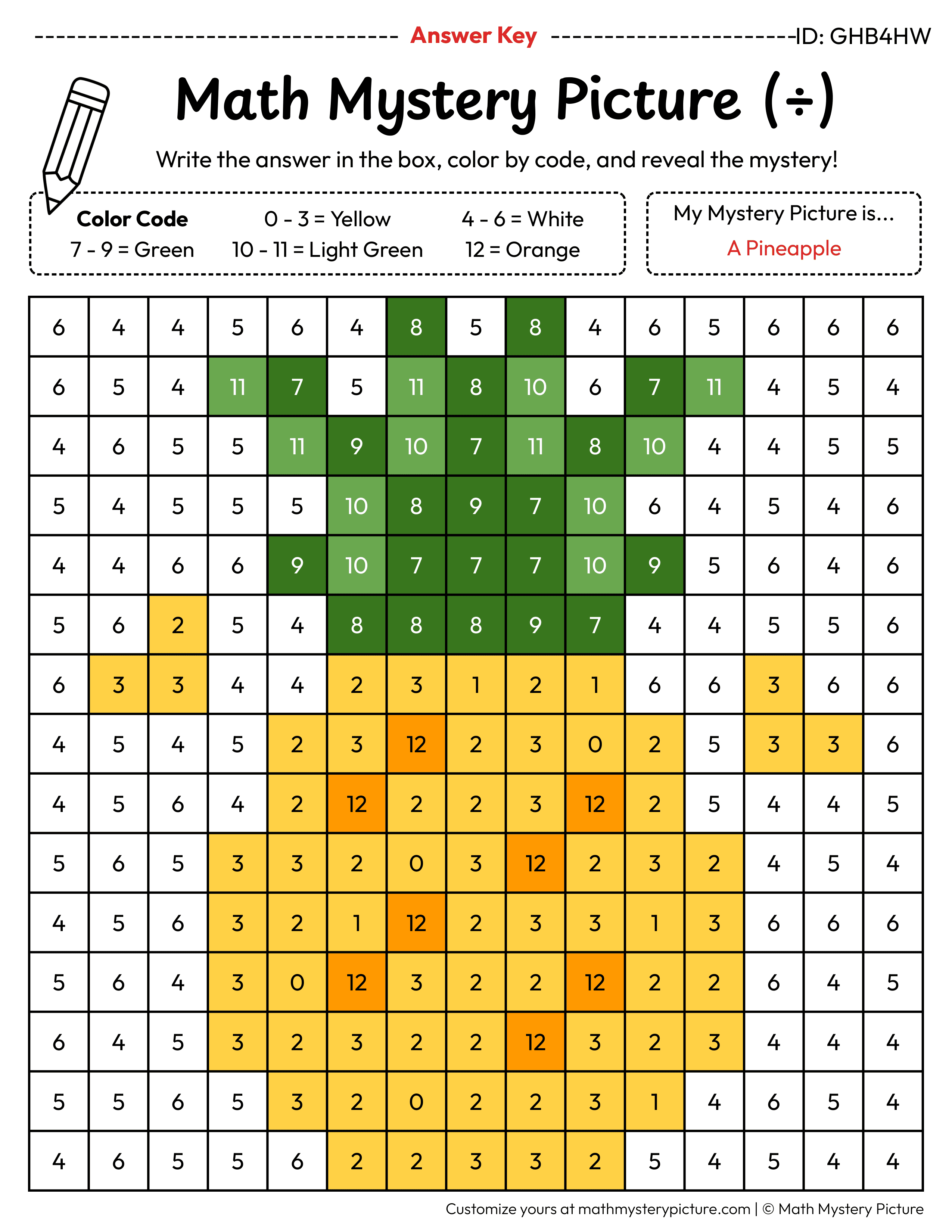 Pineapple Division Facts Math Mystery Picture Color by Number Answer Key
