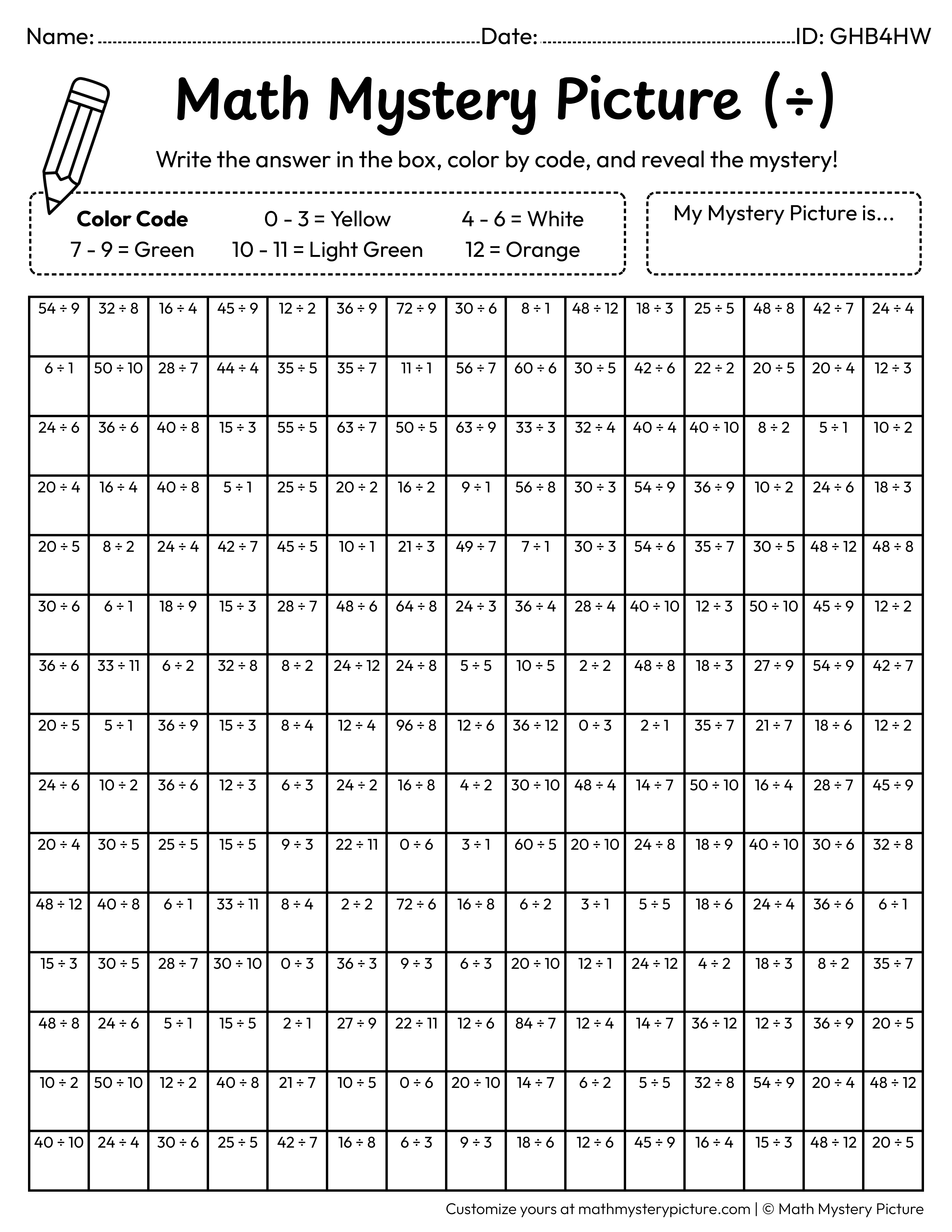 Pineapple Division Facts Math Mystery Picture Coloring Worksheet