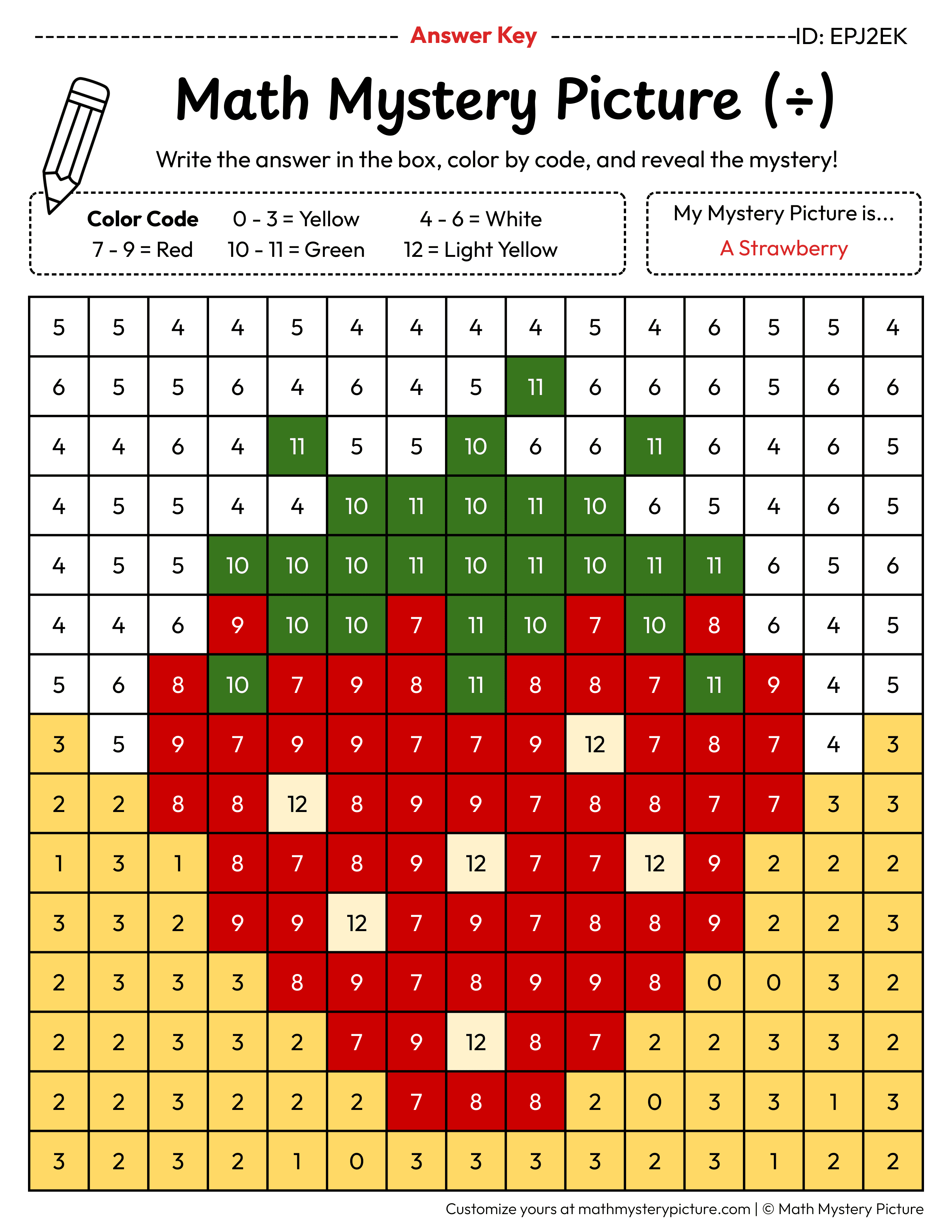 Strawberry Division Facts Math Mystery Picture Color by Number Answer Key