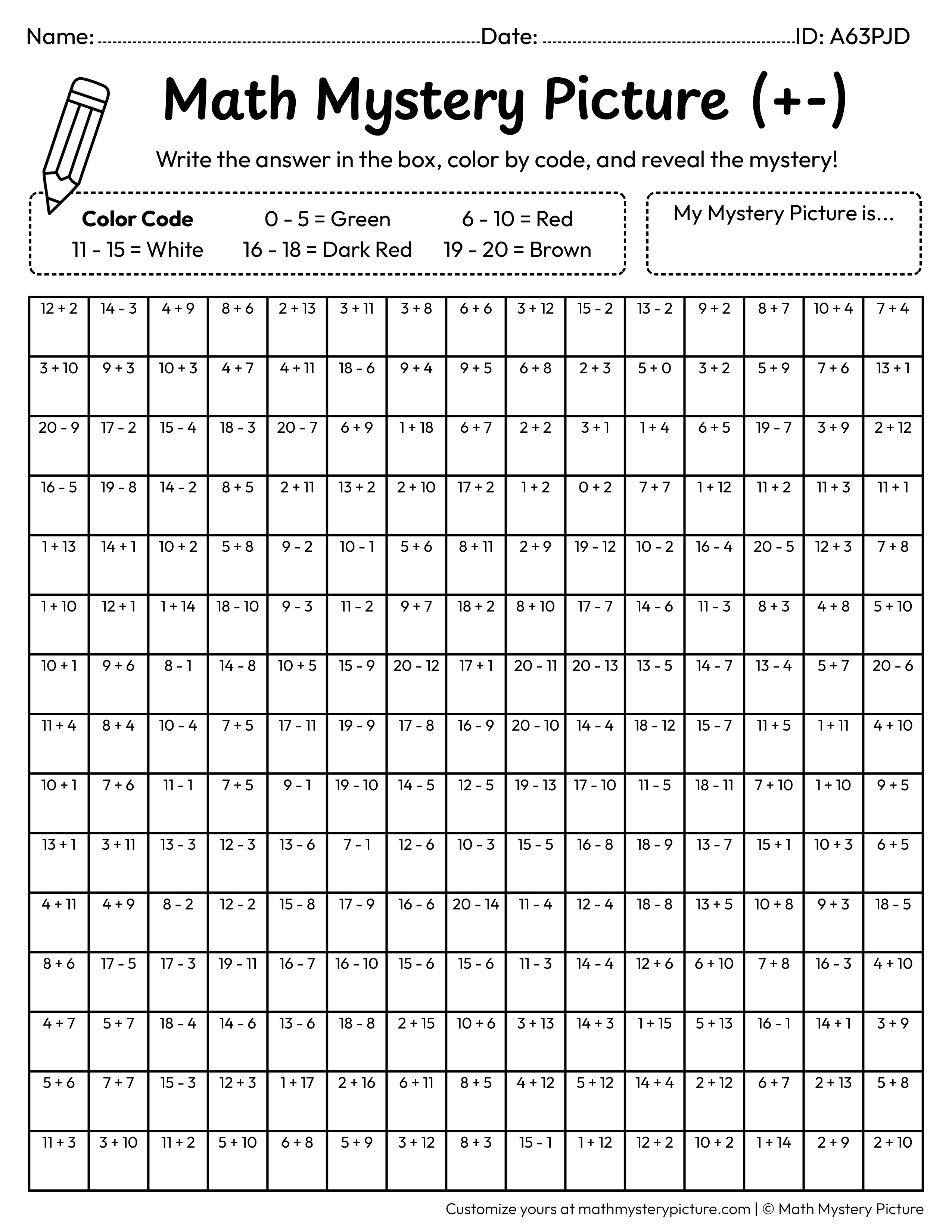Apple Mixed Addition and Subtraction Within 20 Math Mystery Picture Coloring Worksheet
