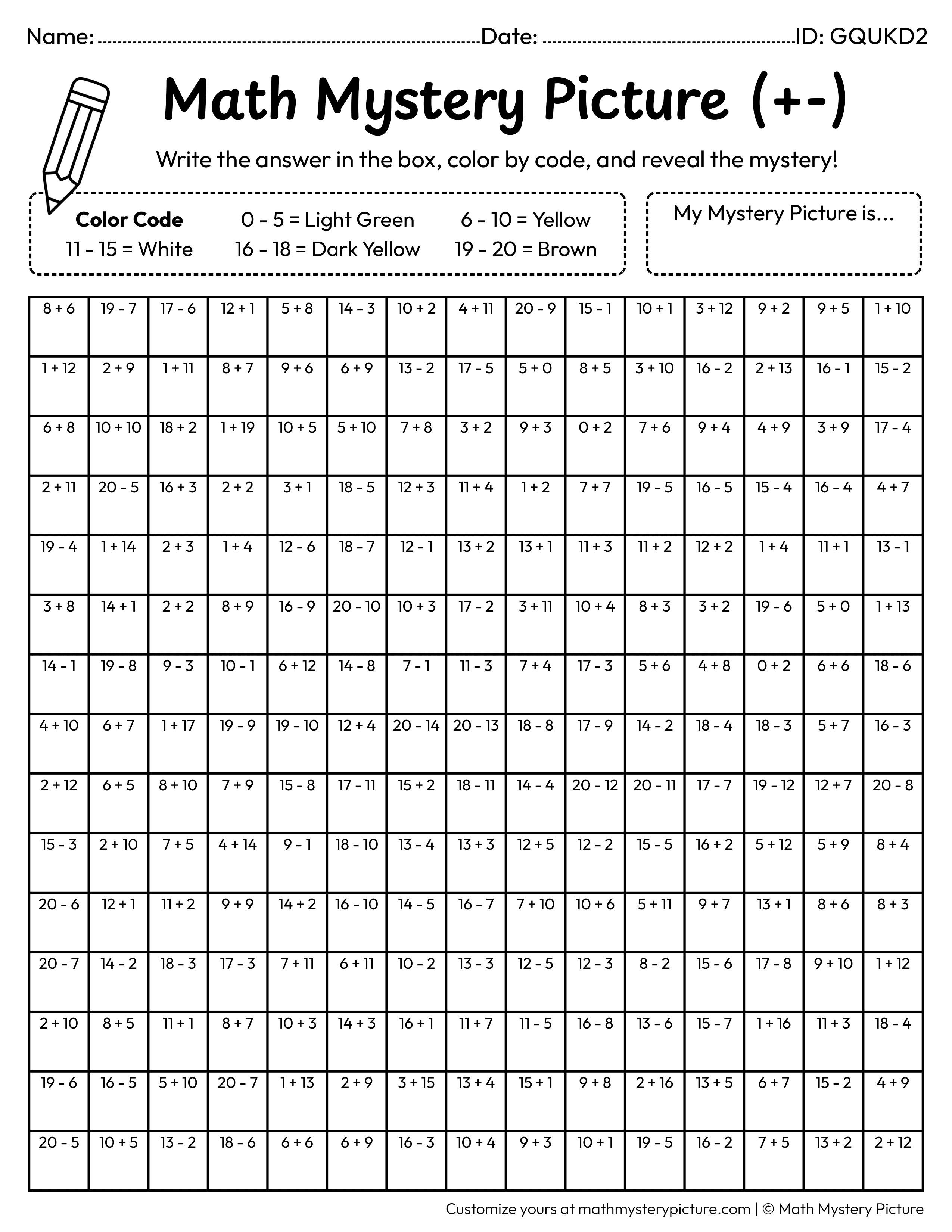 Bananas Mixed Addition and Subtraction Within 20 Math Mystery Picture Coloring Worksheet