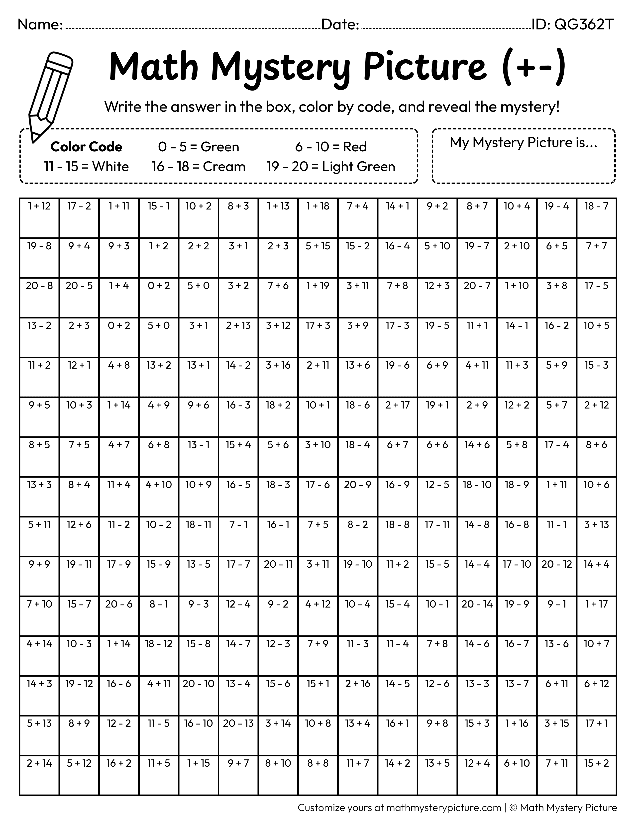 Cherries Mixed Addition and Subtraction Within 20 Math Mystery Picture Coloring Worksheet