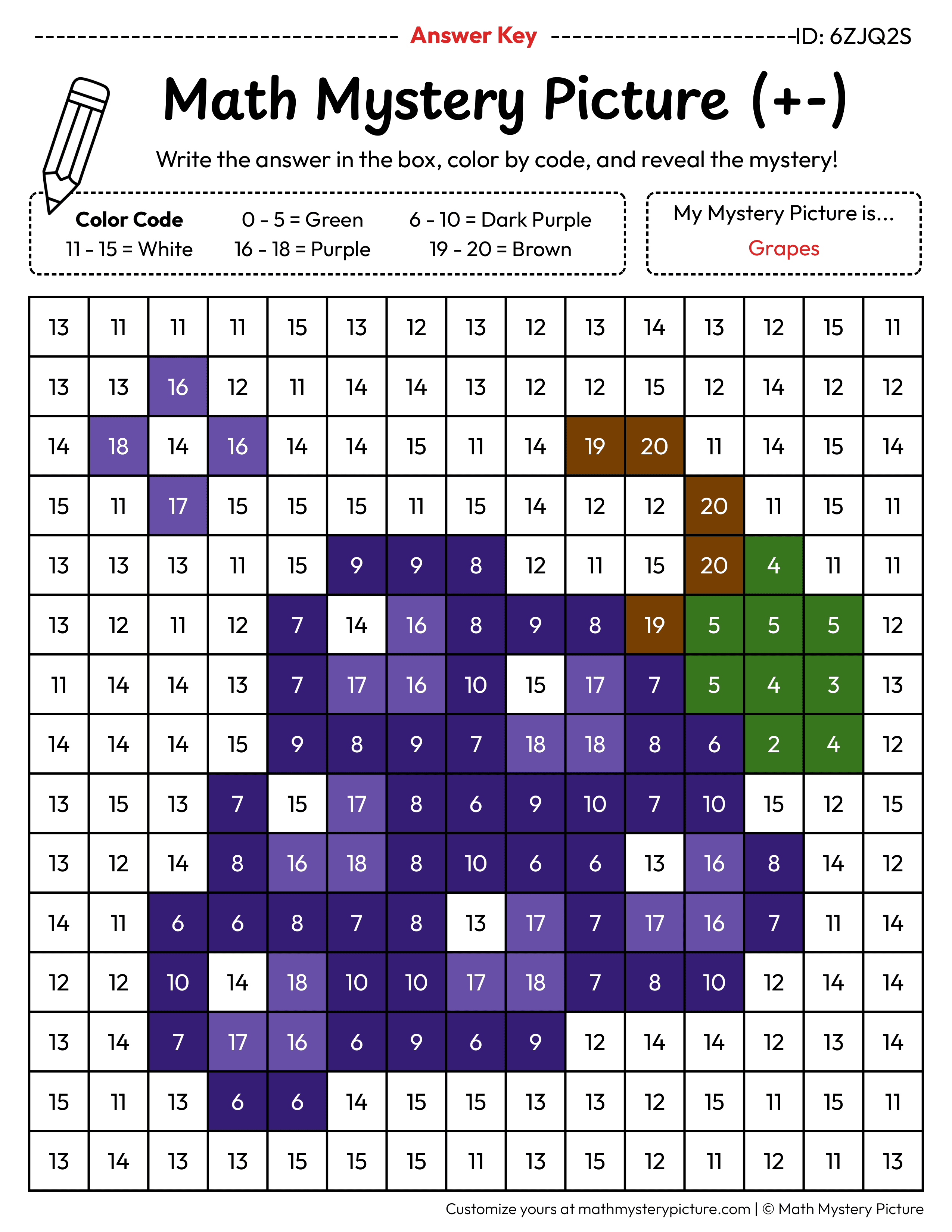Grapes Mixed Addition and Subtraction Within 20 Math Mystery Picture Color by Number Answer Key