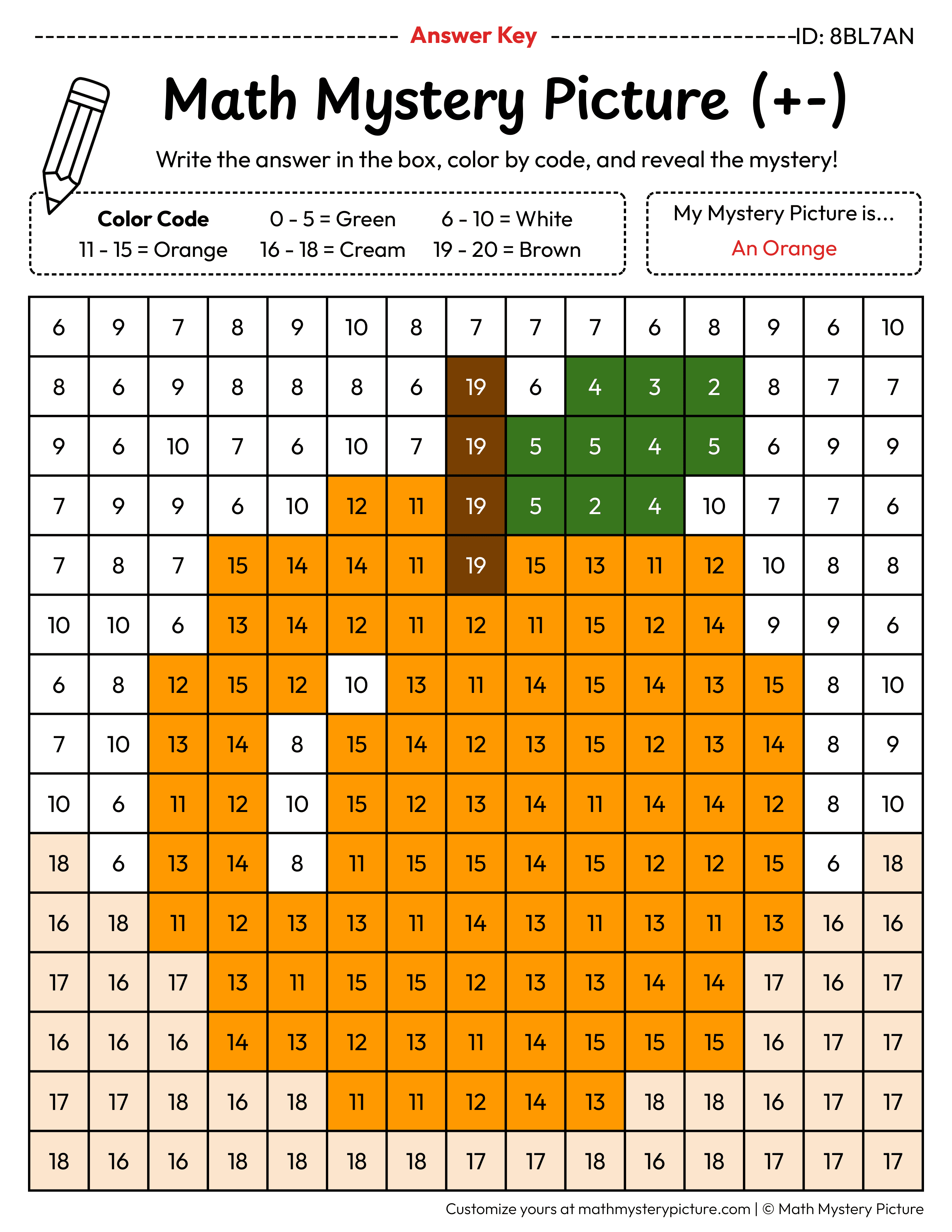 Orange Mixed Addition and Subtraction Within 20 Math Mystery Picture Color by Number Answer Key