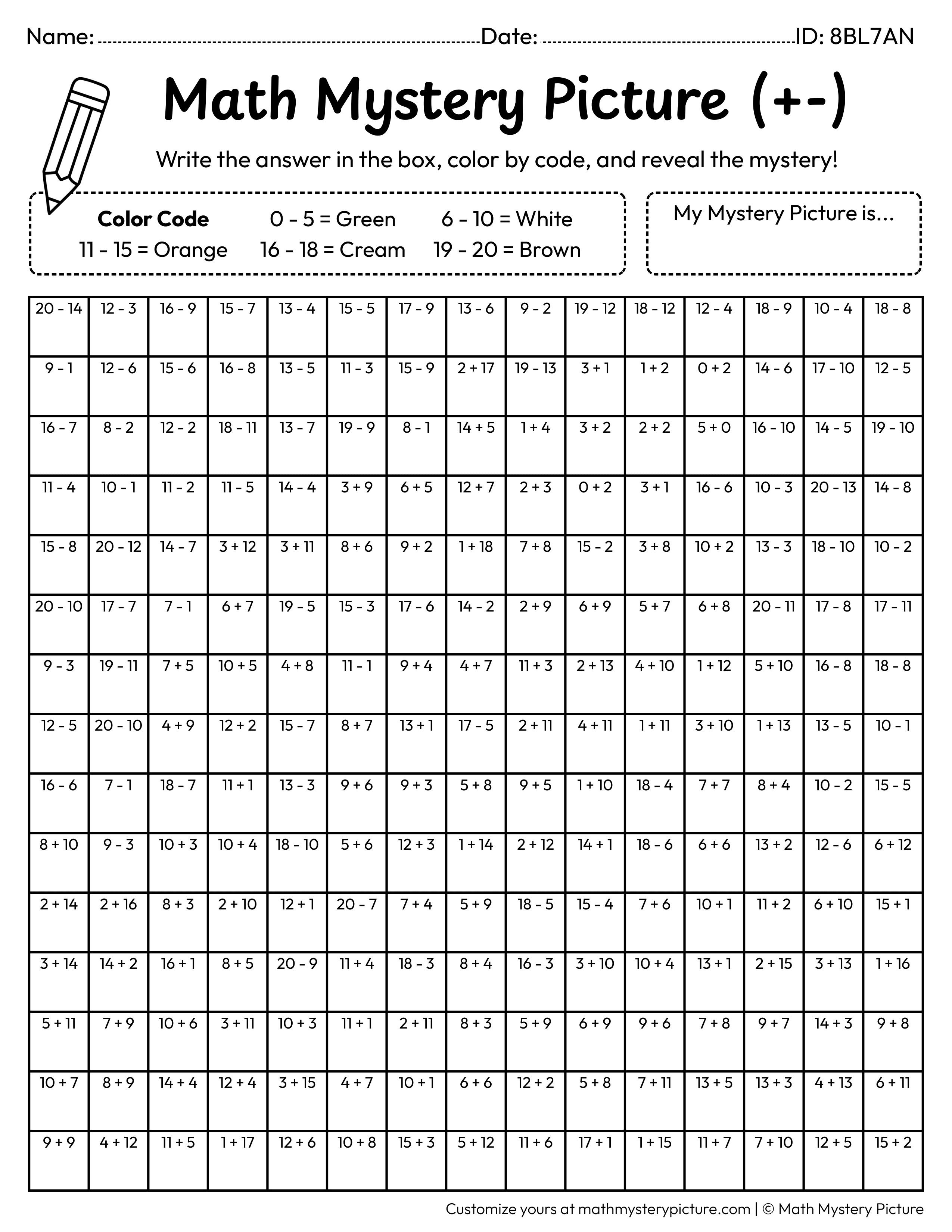 Orange Mixed Addition and Subtraction Within 20 Math Mystery Picture Coloring Worksheet