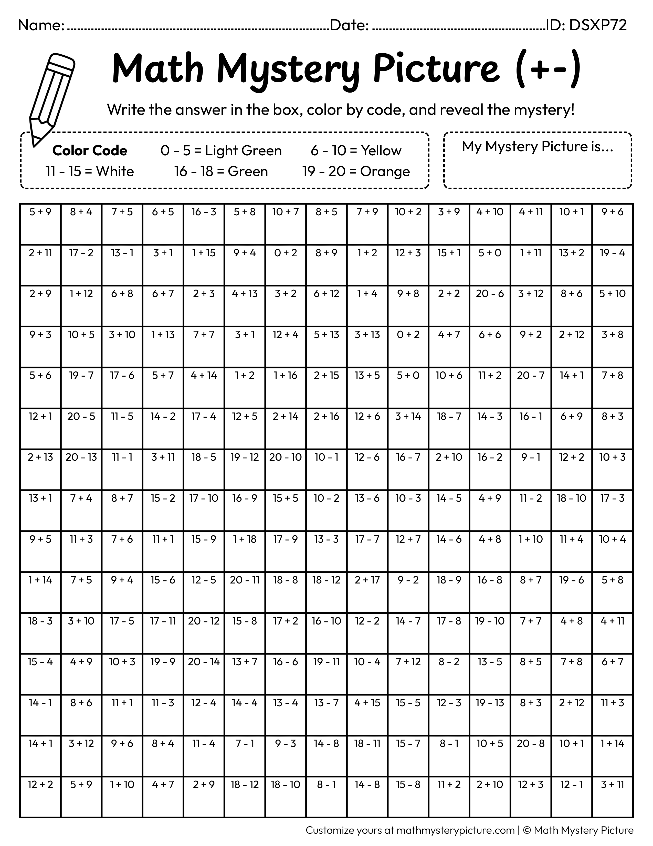 Pineapple Mixed Addition and Subtraction Within 20 Math Mystery Picture Coloring Worksheet