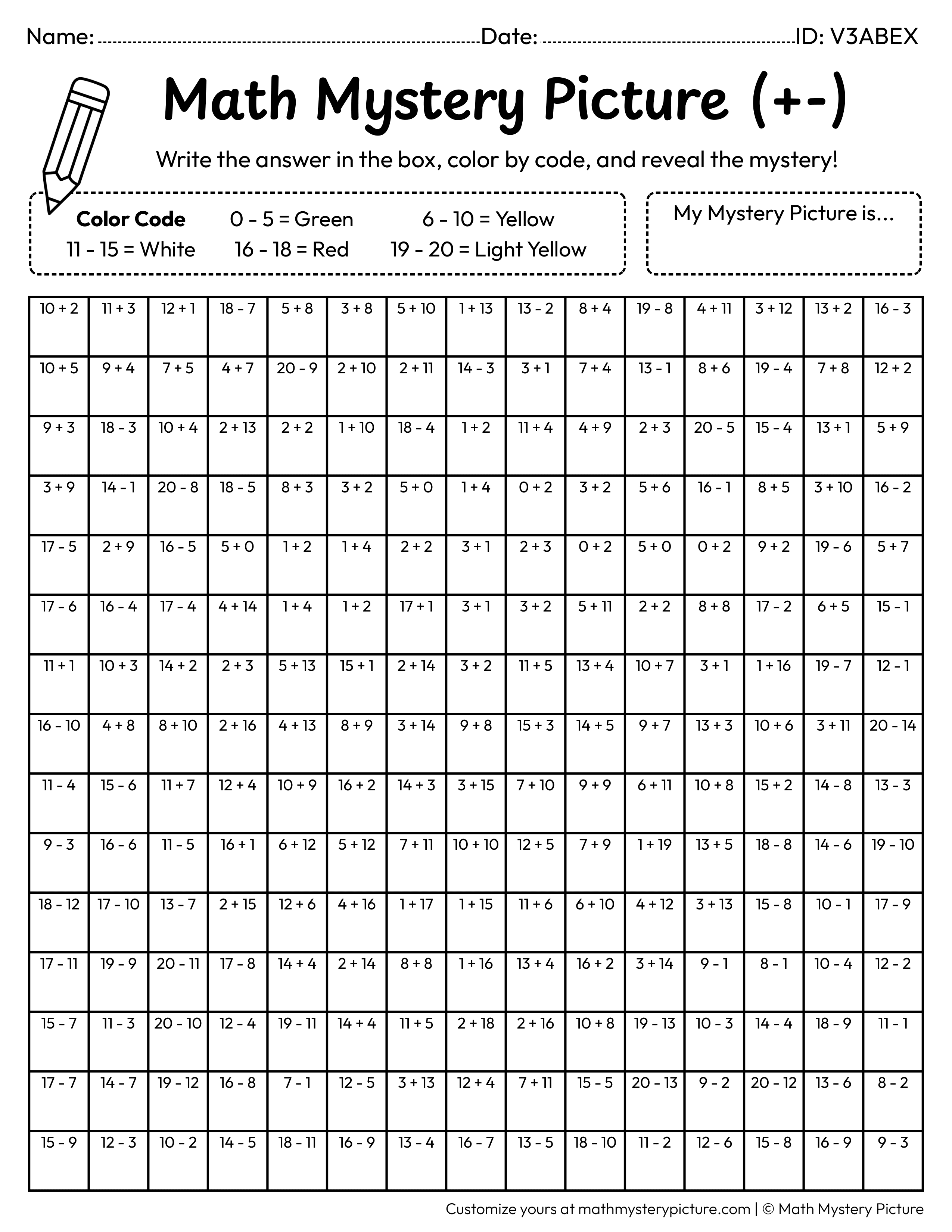 Strawberry Mixed Addition and Subtraction Within 20 Math Mystery Picture Coloring Worksheet