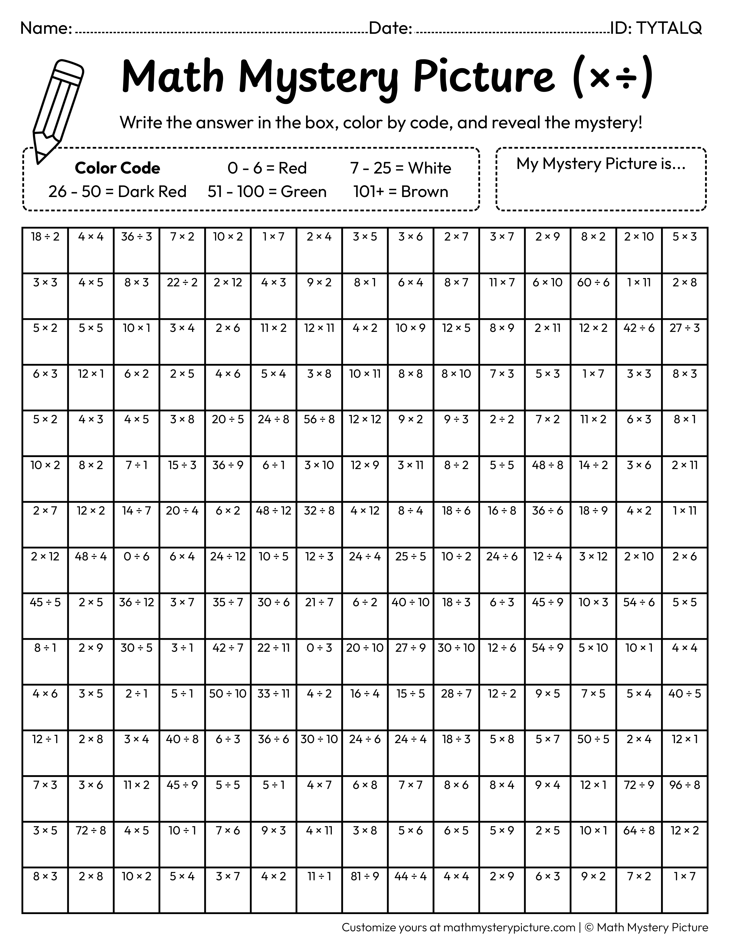 Apple Mixed Multiplication and Division Facts Math Mystery Picture Coloring Worksheet