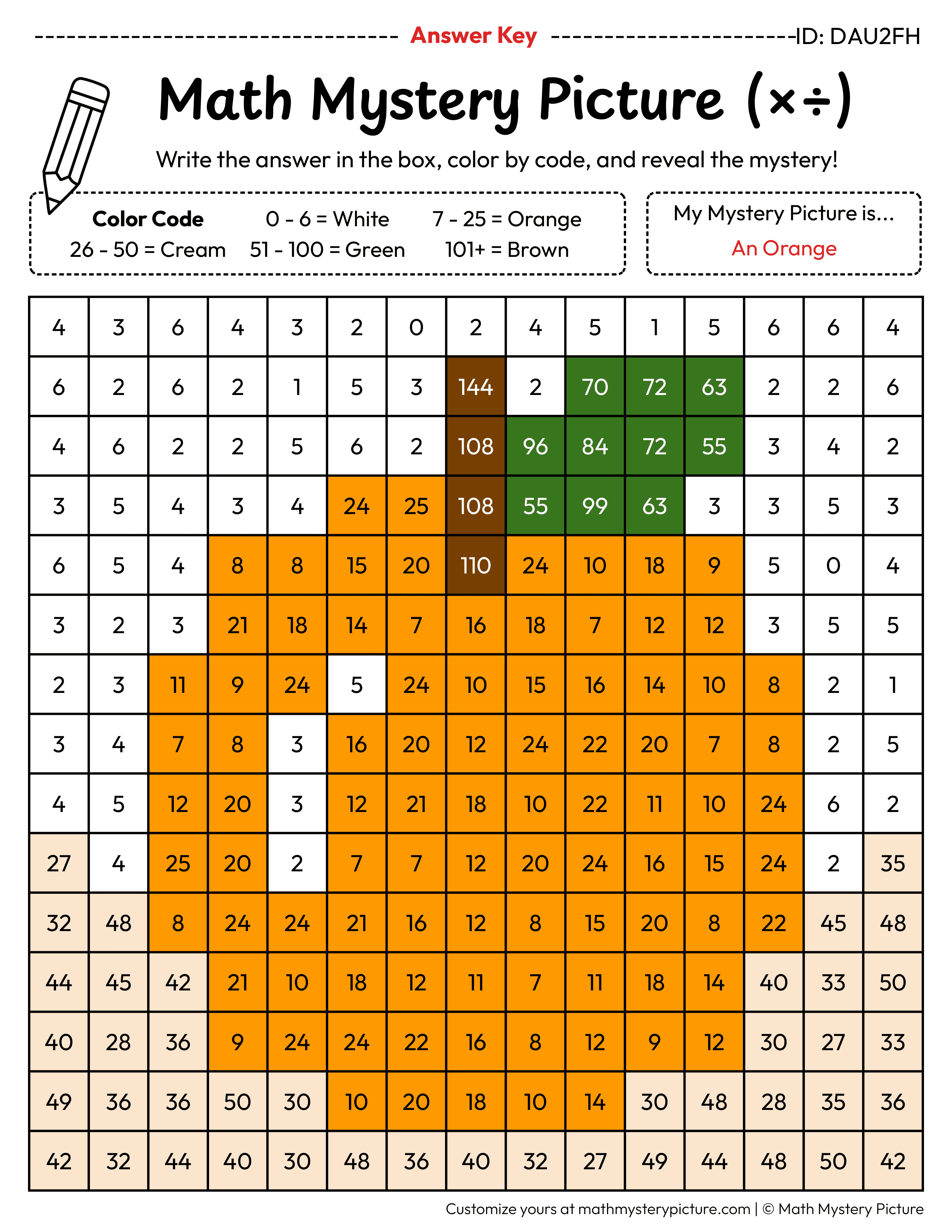 Orange Mixed Multiplication and Division Facts Math Mystery Picture Color by Number Answer Key