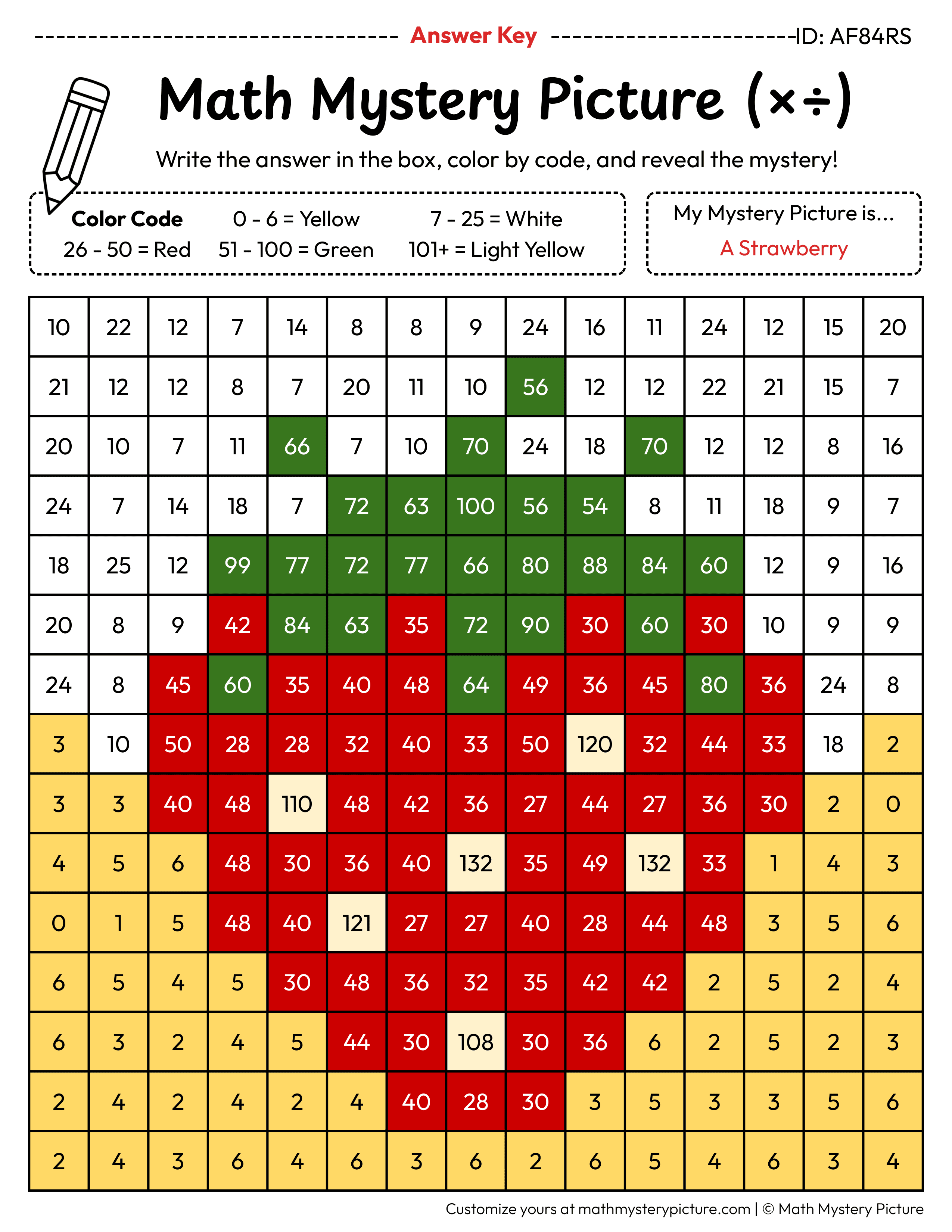 Strawberry Mixed Multiplication and Division Facts Math Mystery Picture Color by Number Answer Key