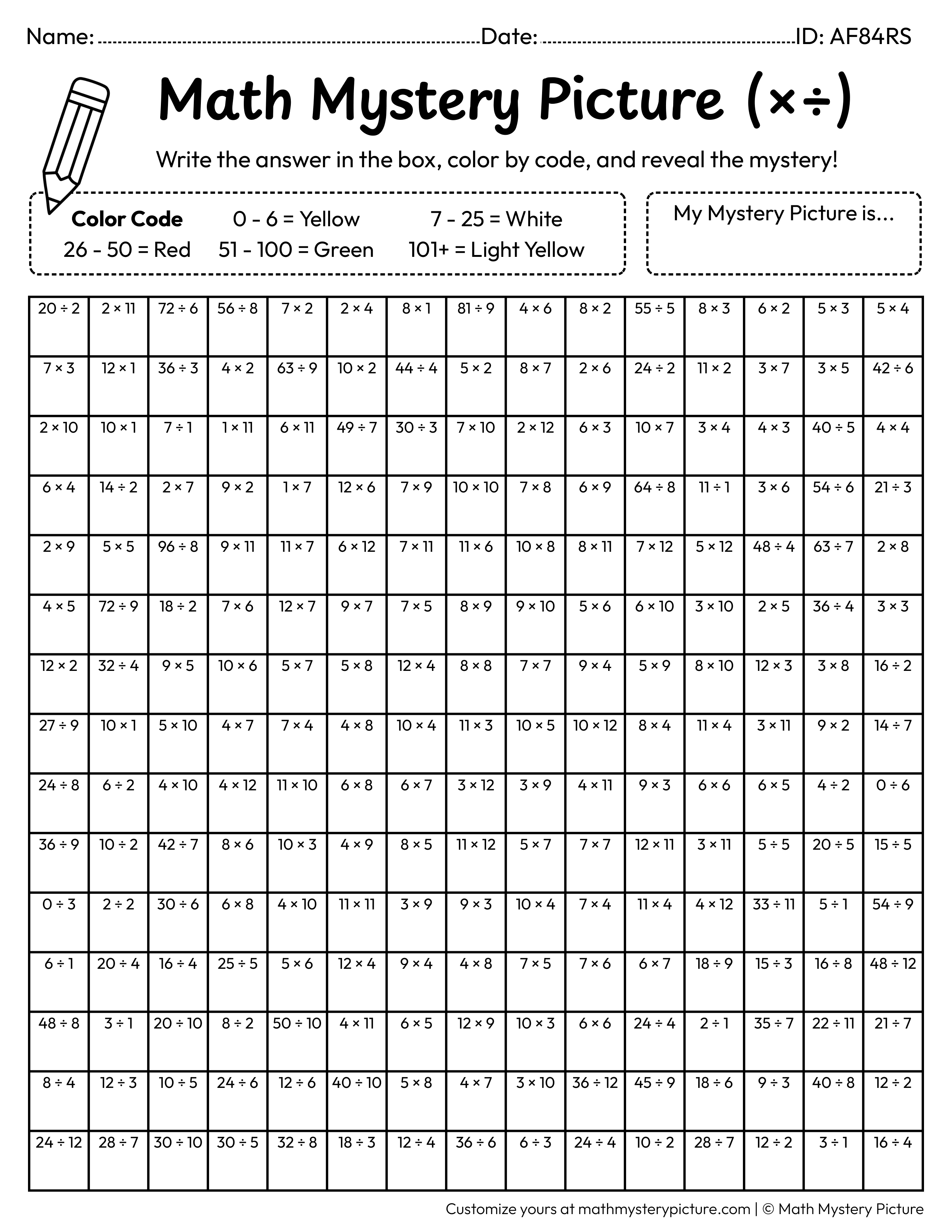 Strawberry Mixed Multiplication and Division Facts Math Mystery Picture Coloring Worksheet