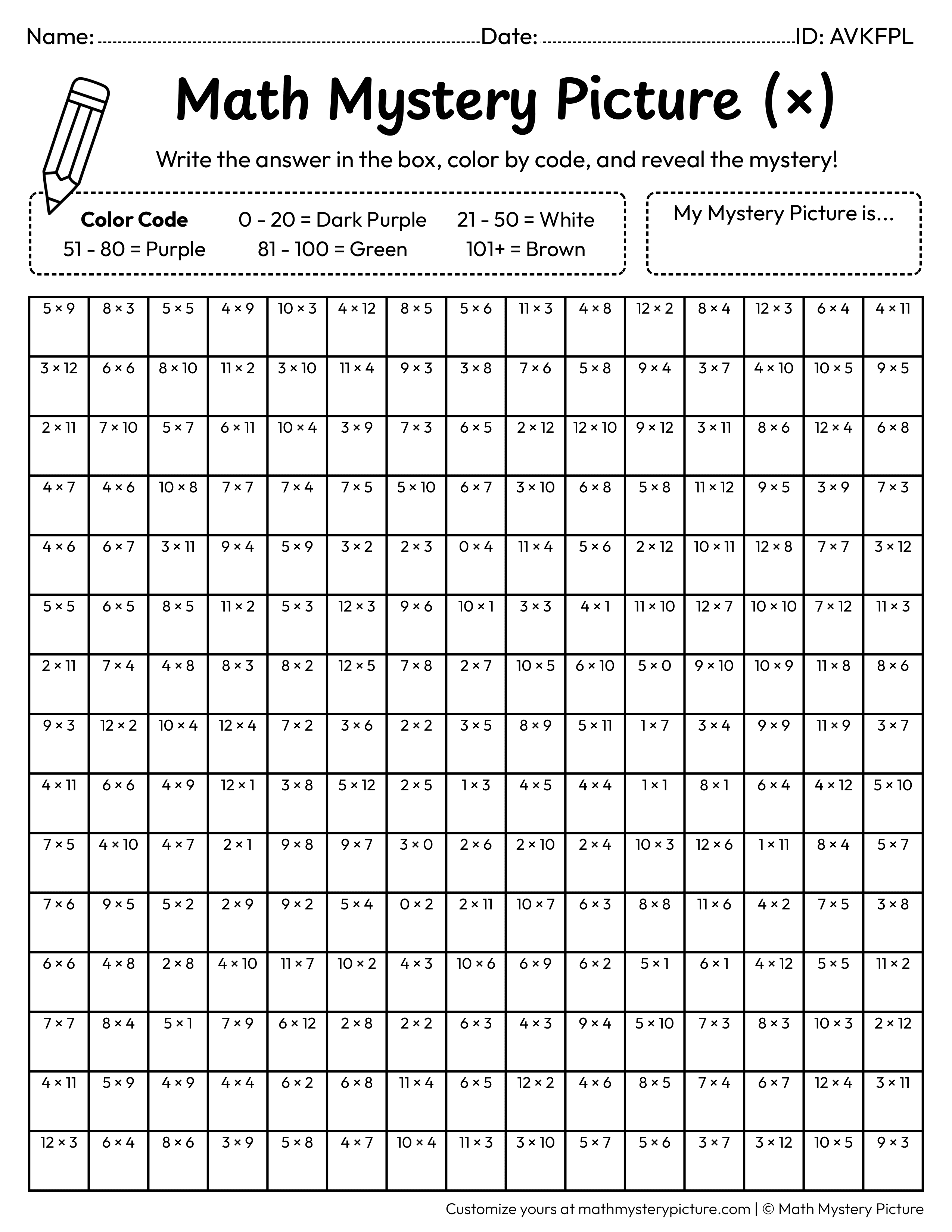 Grapes Multiplication Facts Math Mystery Picture Coloring Worksheet