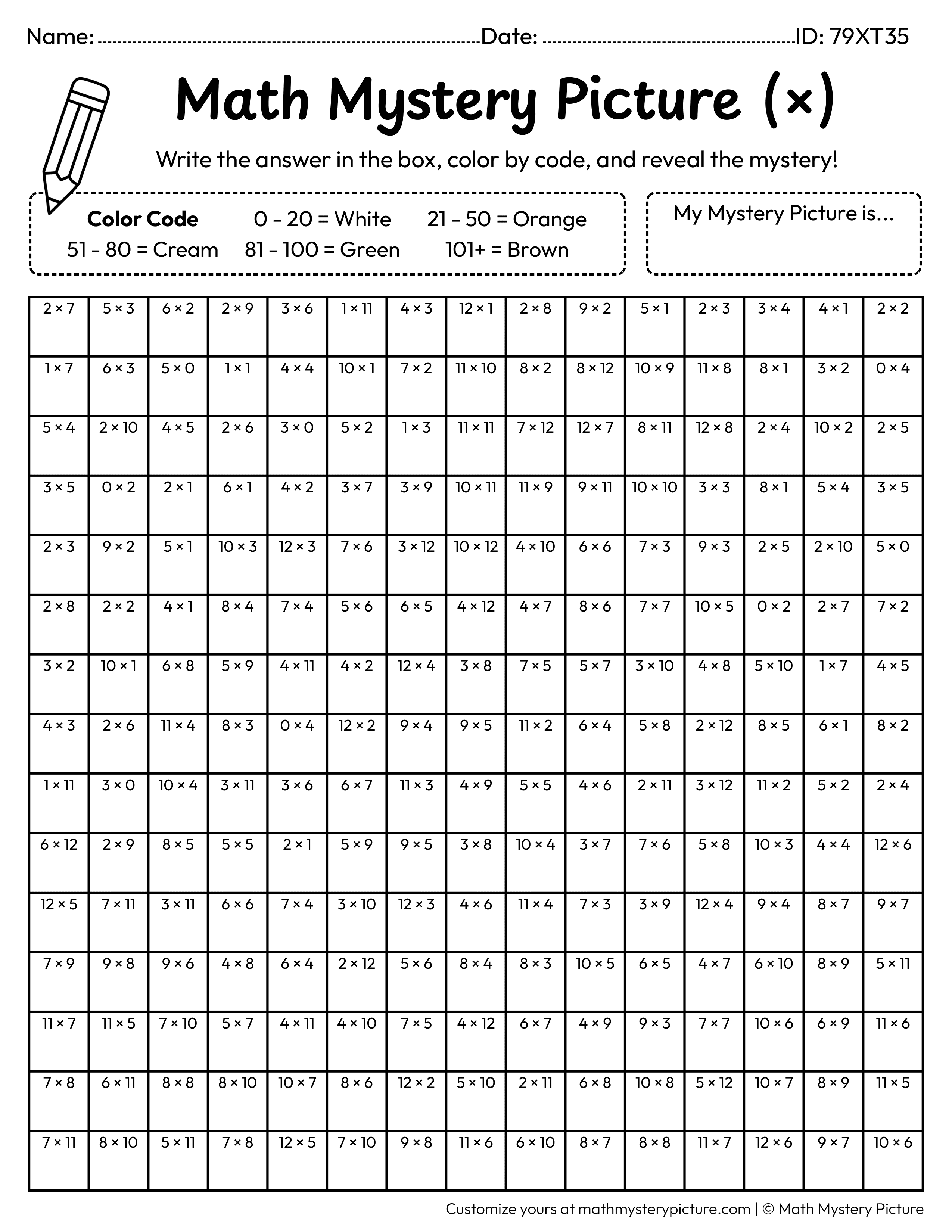 Orange Multiplication Facts Math Mystery Picture Coloring Worksheet