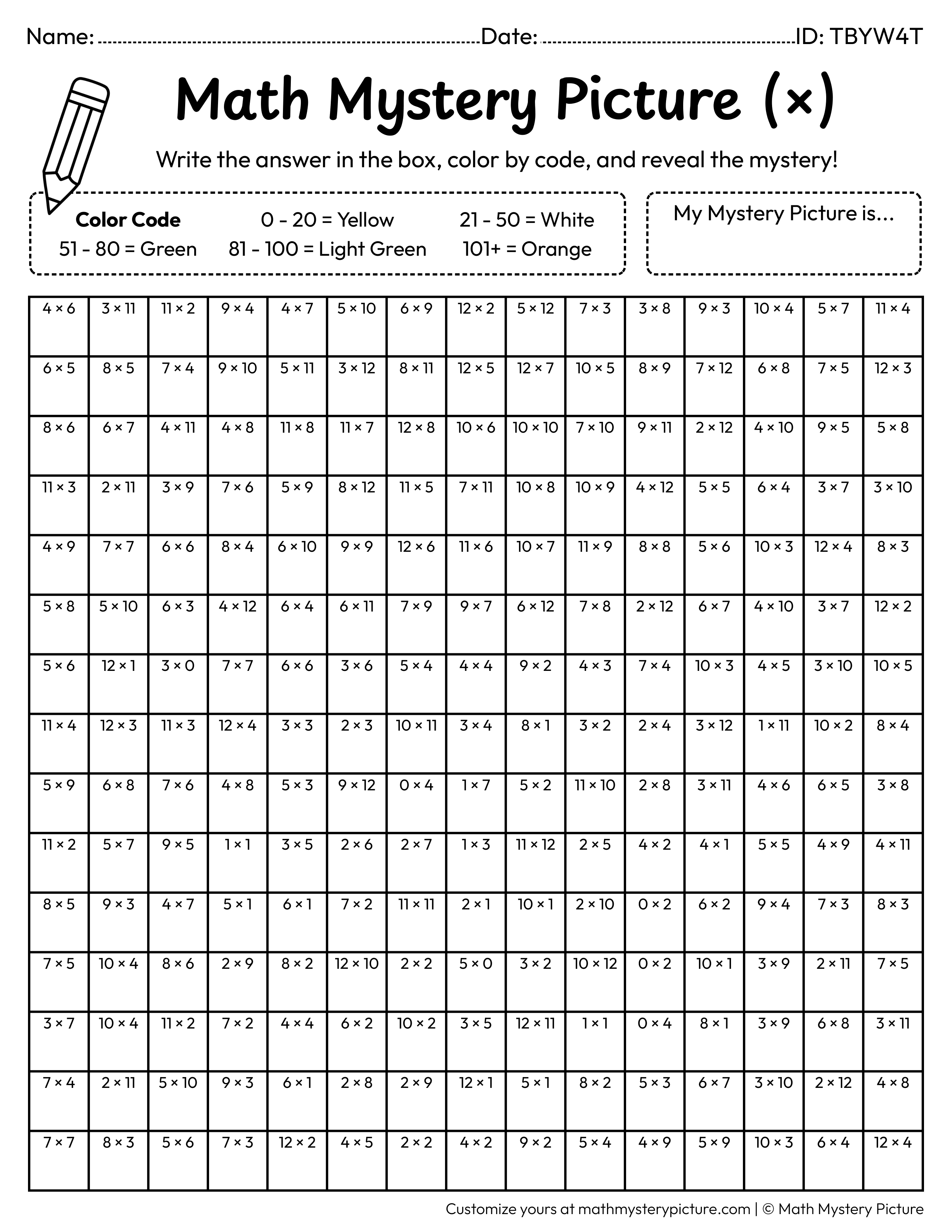 Pineapple Multiplication Facts Math Mystery Picture Coloring Worksheet