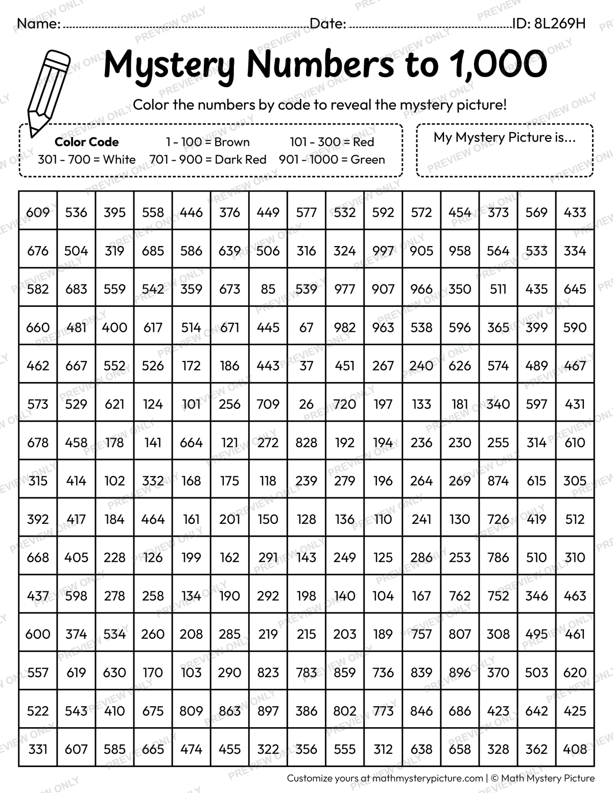Apple Numbers to 1,000 Math Mystery Picture Coloring Worksheet