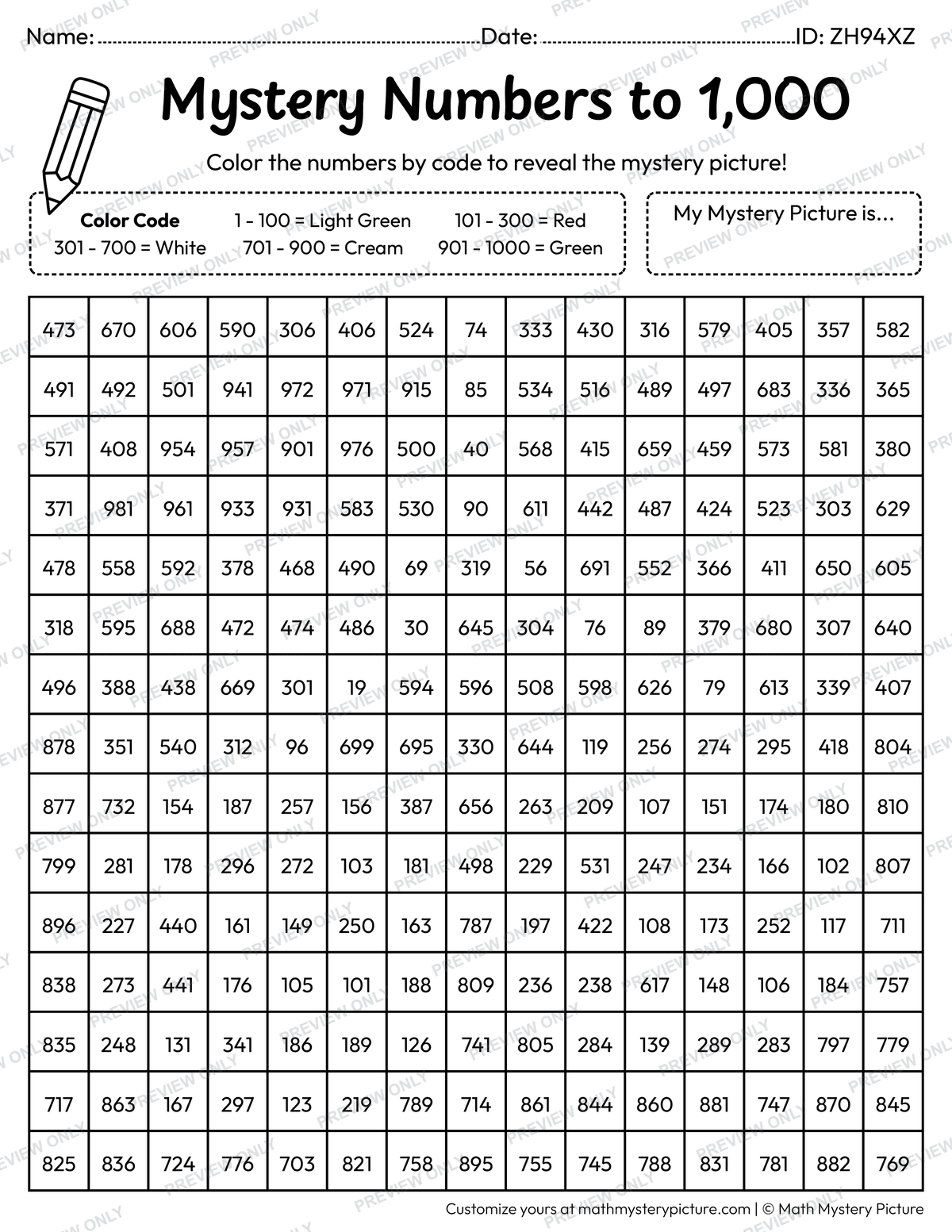 Cherries Numbers to 1,000 Math Mystery Picture Coloring Worksheet
