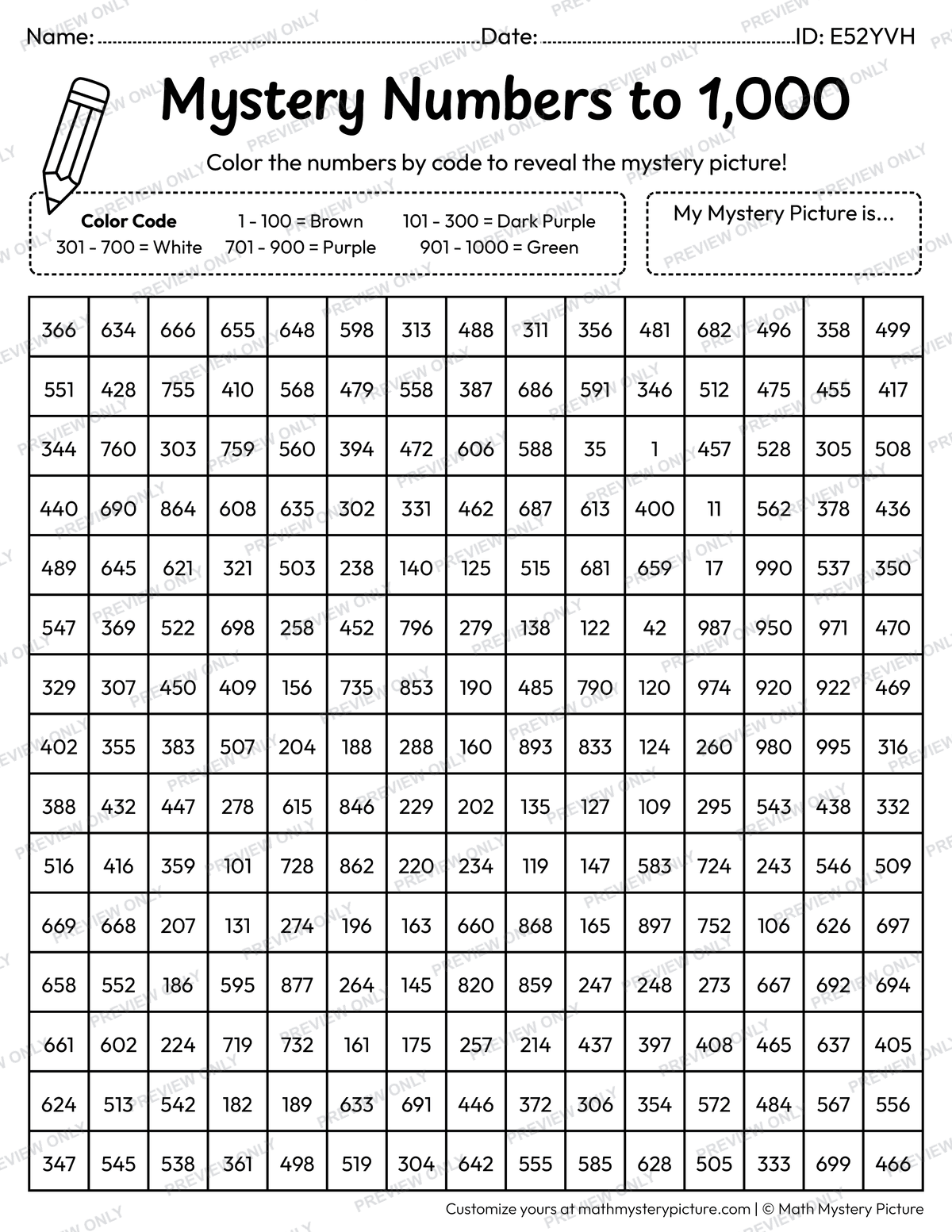Grapes Numbers to 1,000 Math Mystery Picture Coloring Worksheet