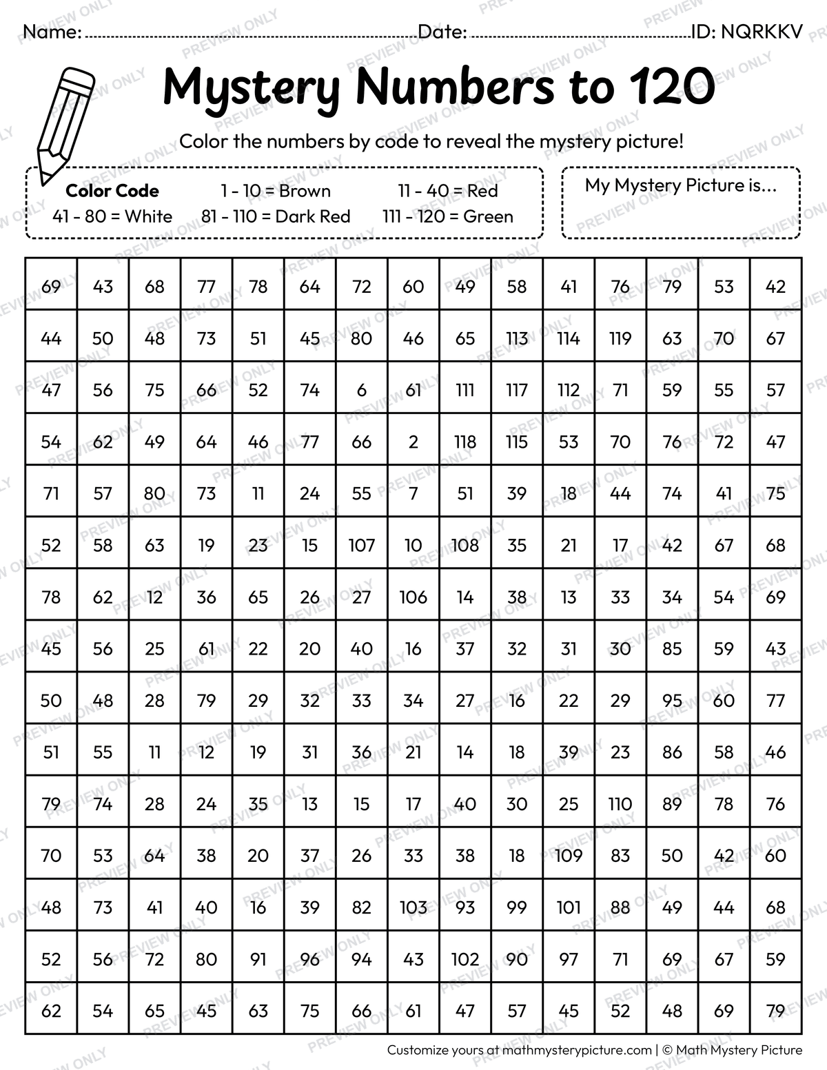 Apple Numbers to 120 Math Mystery Picture Coloring Worksheet