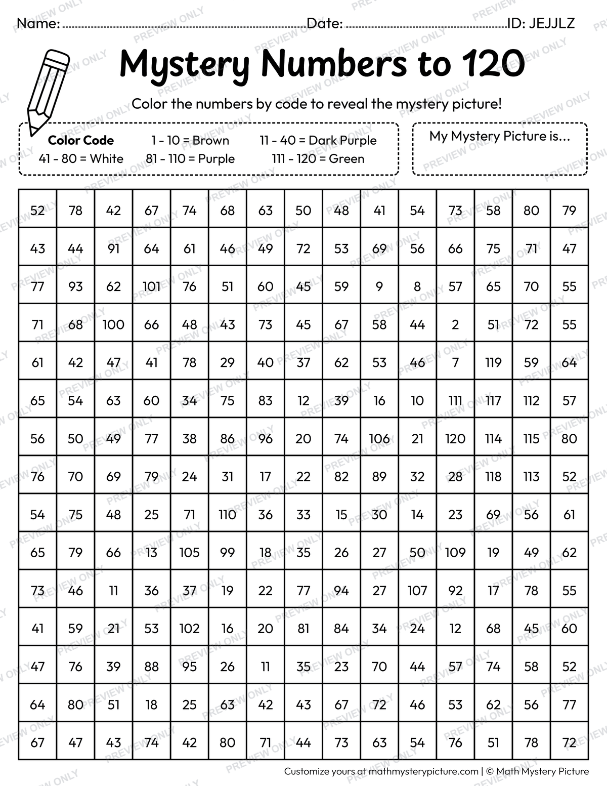 Grapes Numbers to 120 Math Mystery Picture Coloring Worksheet