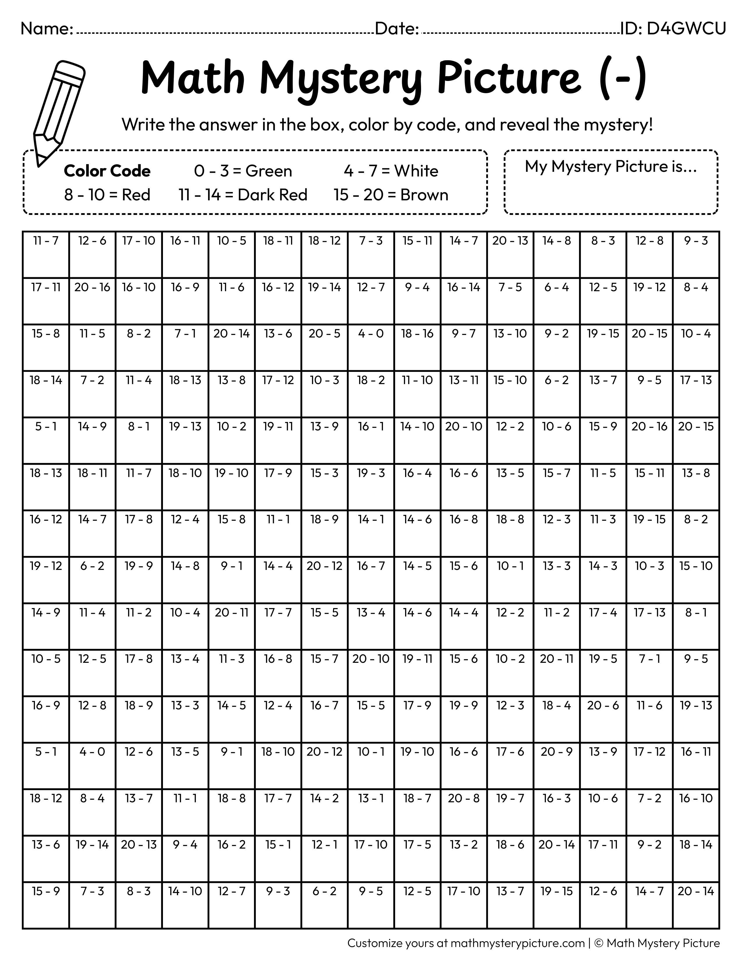 Apple Subtraction Within 20 Math Mystery Picture Coloring Worksheet