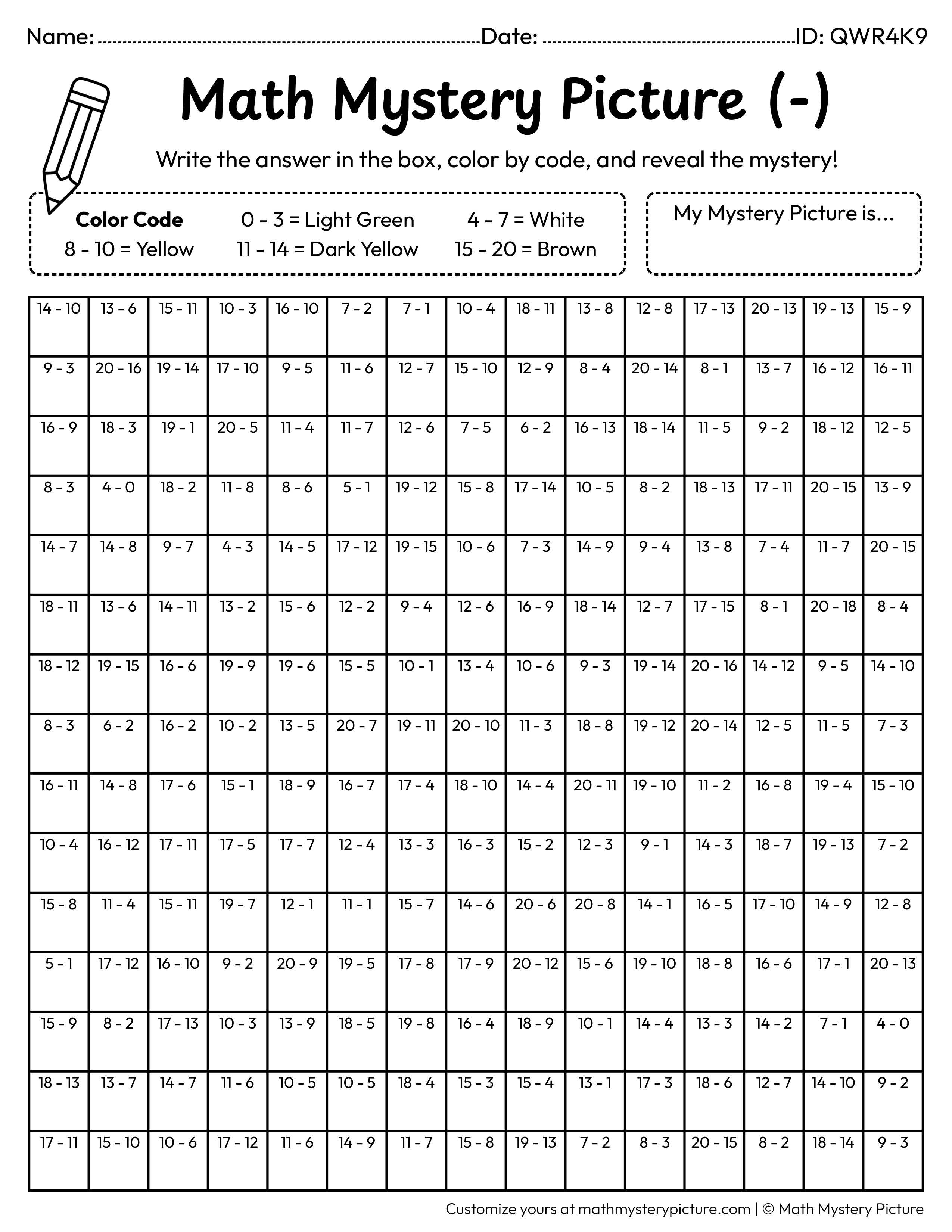 Bananas Subtraction Within 20 Math Mystery Picture Coloring Worksheet