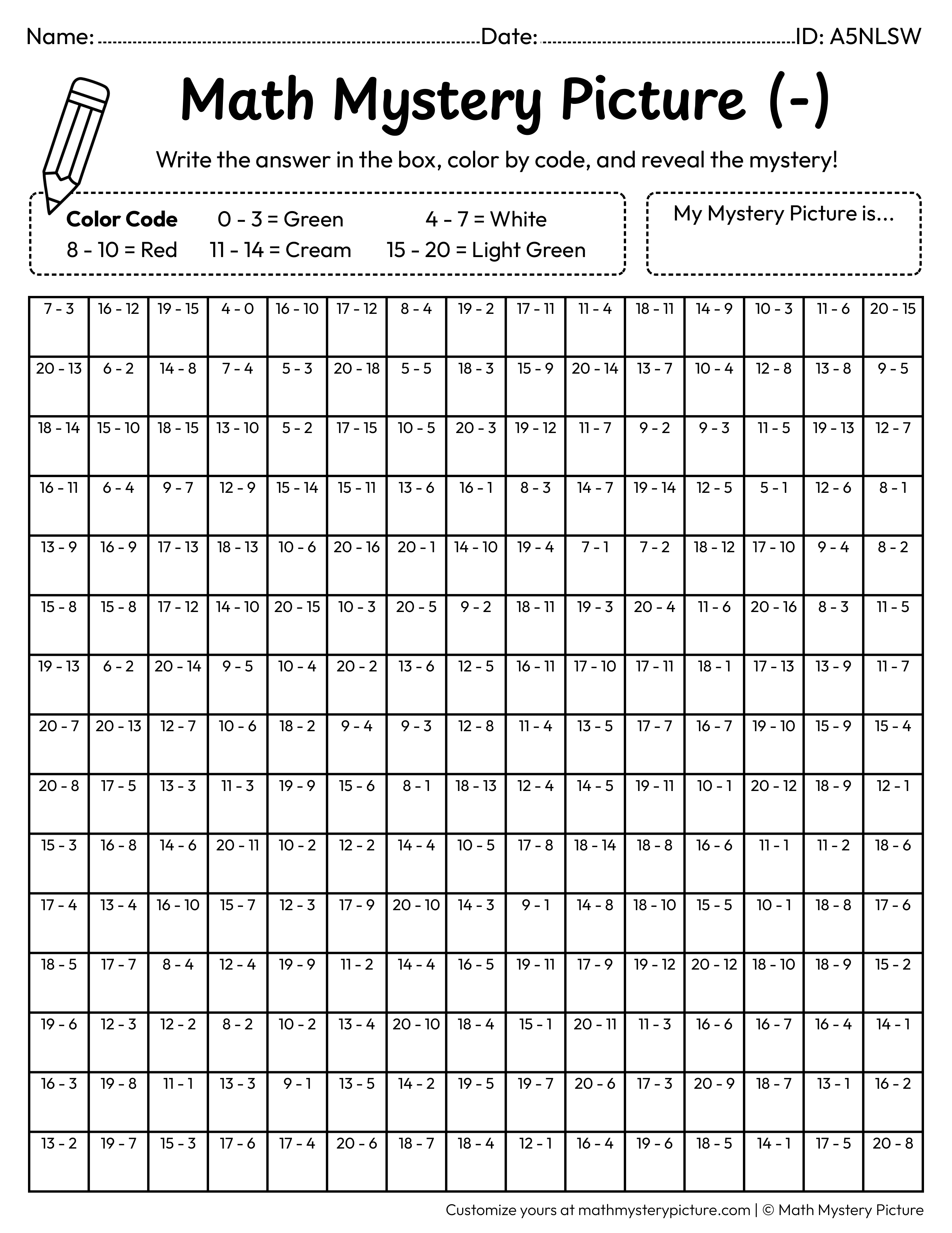 Cherries Subtraction Within 20 Math Mystery Picture Coloring Worksheet