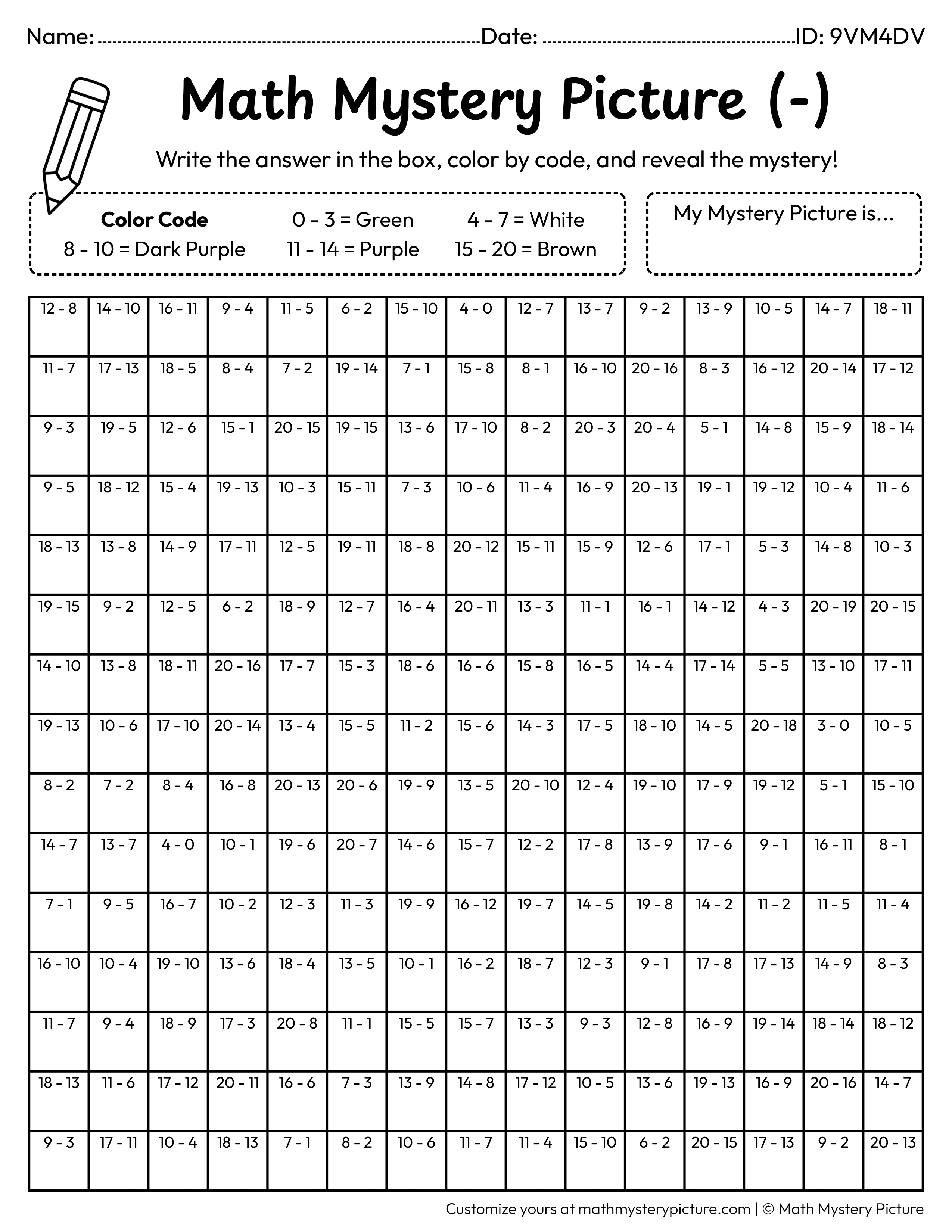 Grapes Subtraction Within 20 Math Mystery Picture Coloring Worksheet