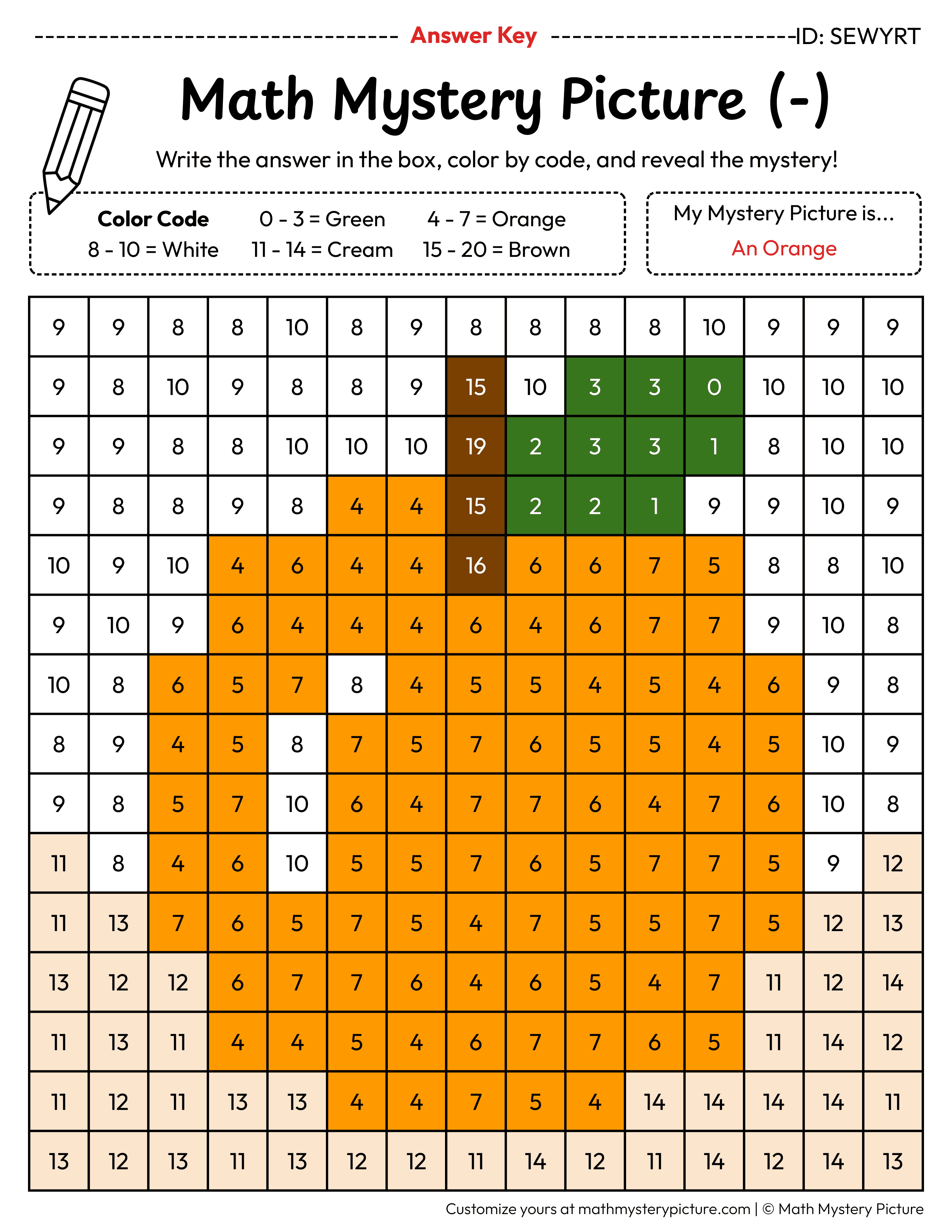 Orange Subtraction Within 20 Math Mystery Picture Color by Number Answer Key