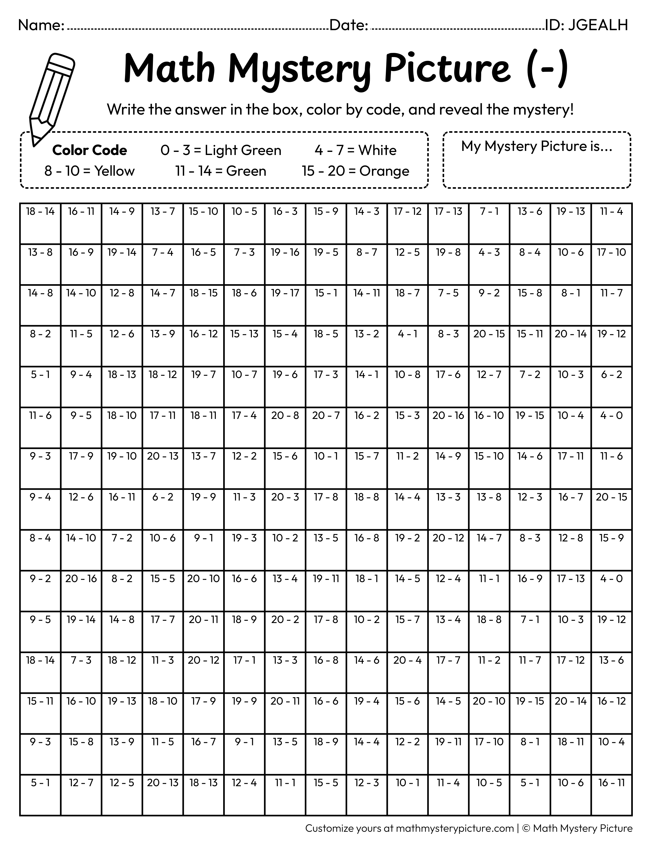 Pineapple Subtraction Within 20 Math Mystery Picture Coloring Worksheet