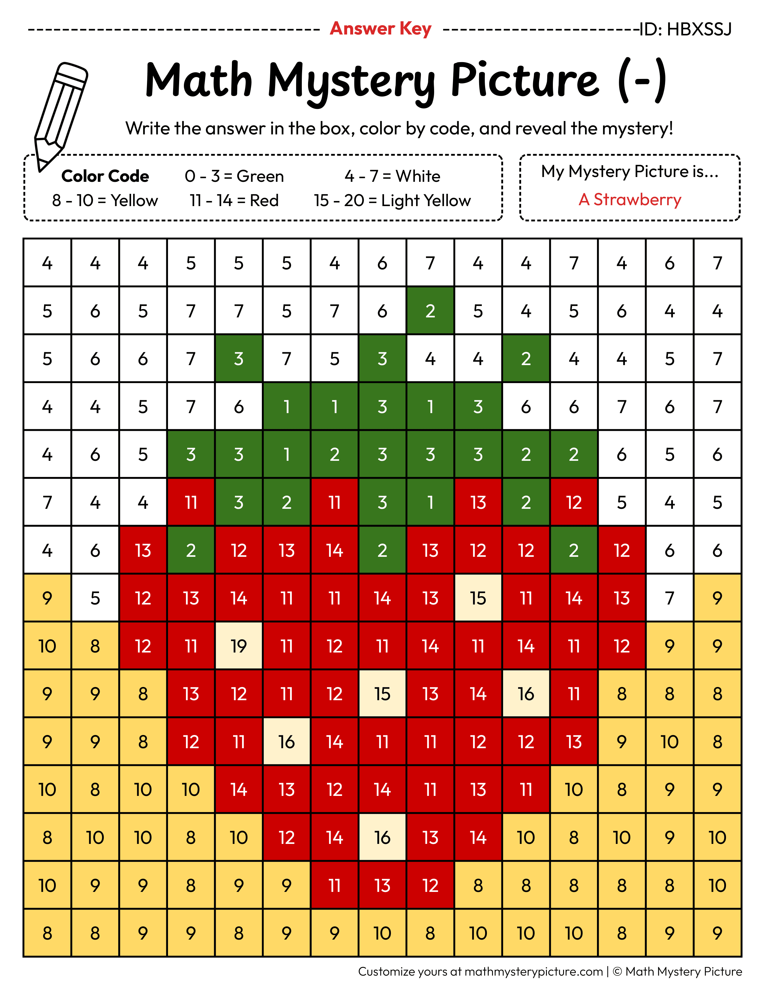 Strawberry Subtraction Within 20 Math Mystery Picture Color by Number Answer Key