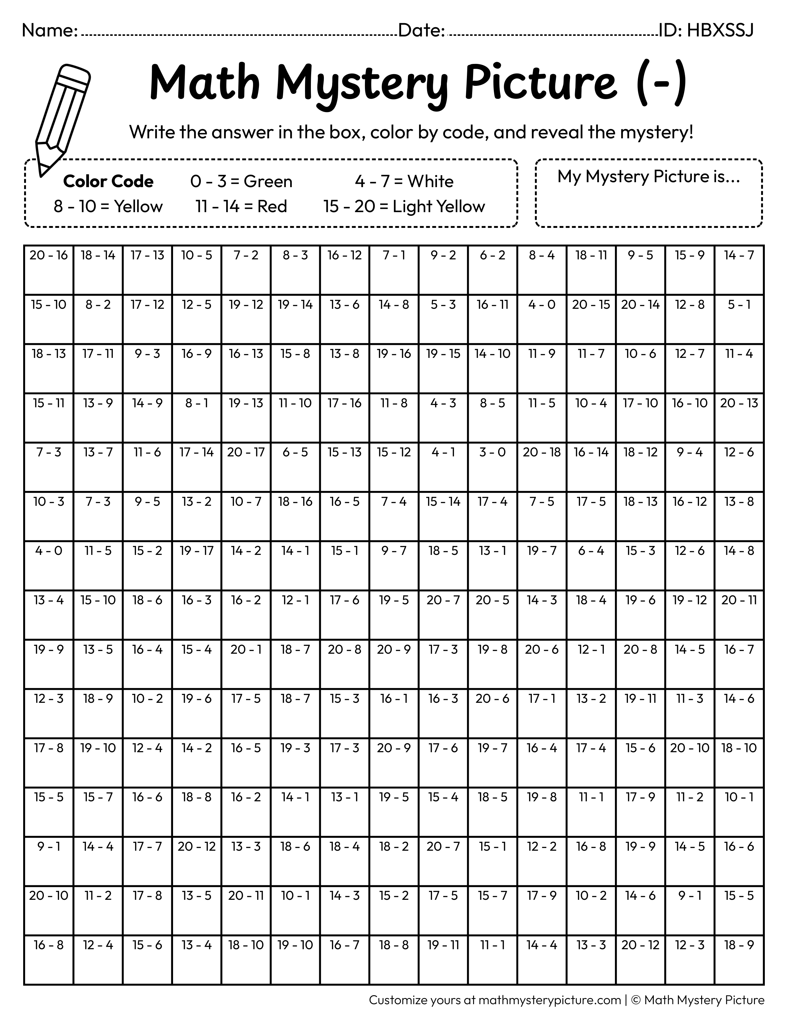 Strawberry Subtraction Within 20 Math Mystery Picture Coloring Worksheet