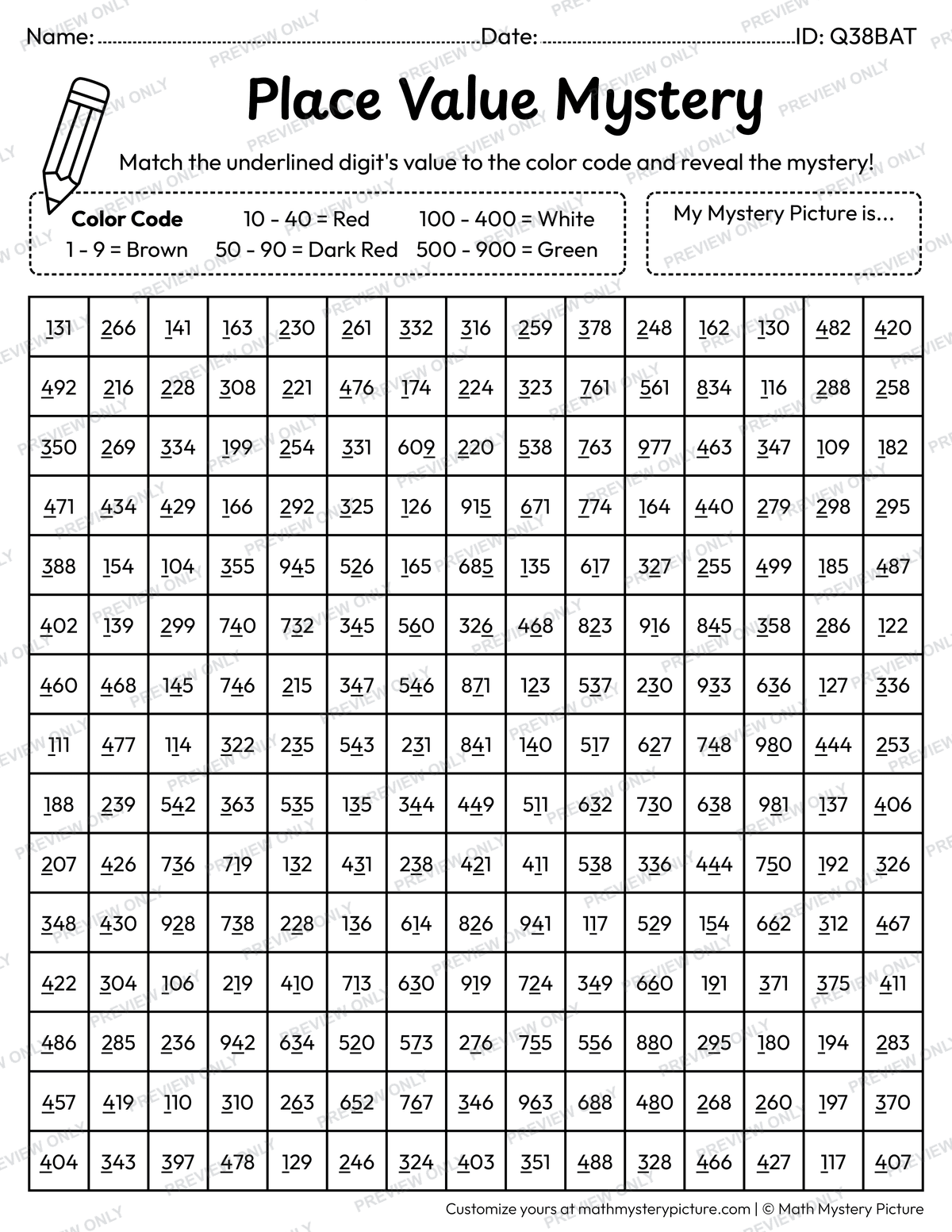 Apple Value of Underlined Digit Math Mystery Picture Coloring Worksheet
