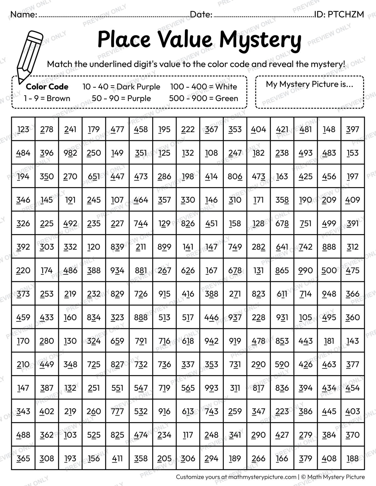 Grapes Value of Underlined Digit Math Mystery Picture Coloring Worksheet