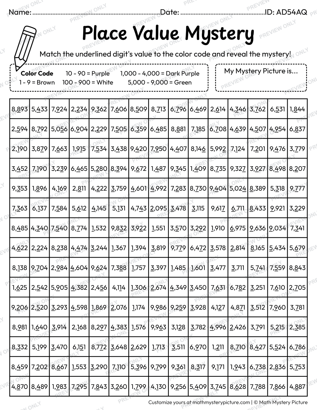 Grapes Value of Underlined Digit Math Mystery Picture Coloring Worksheet