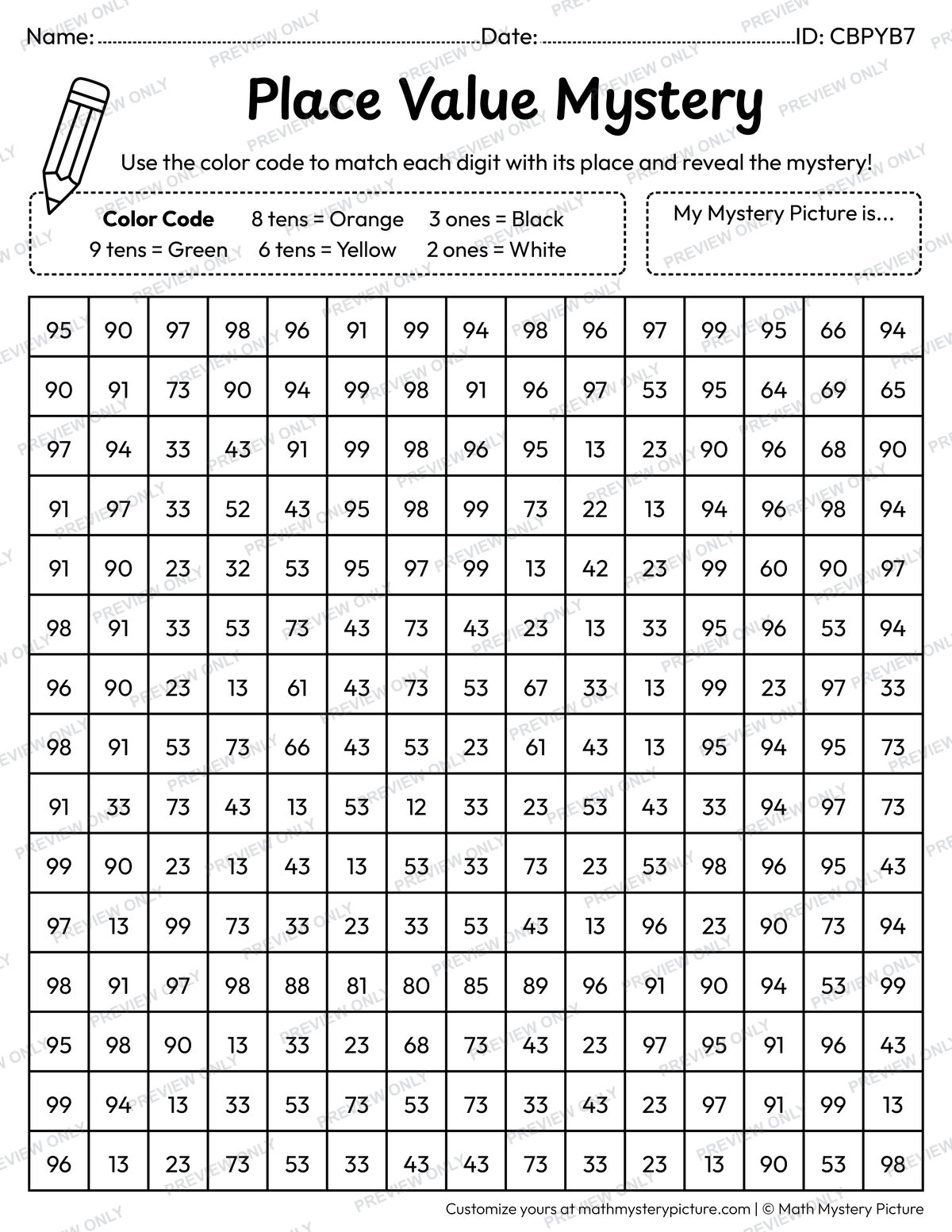 Halloween Black Cat 2-digit Place Value Math Mystery Picture Coloring Worksheet