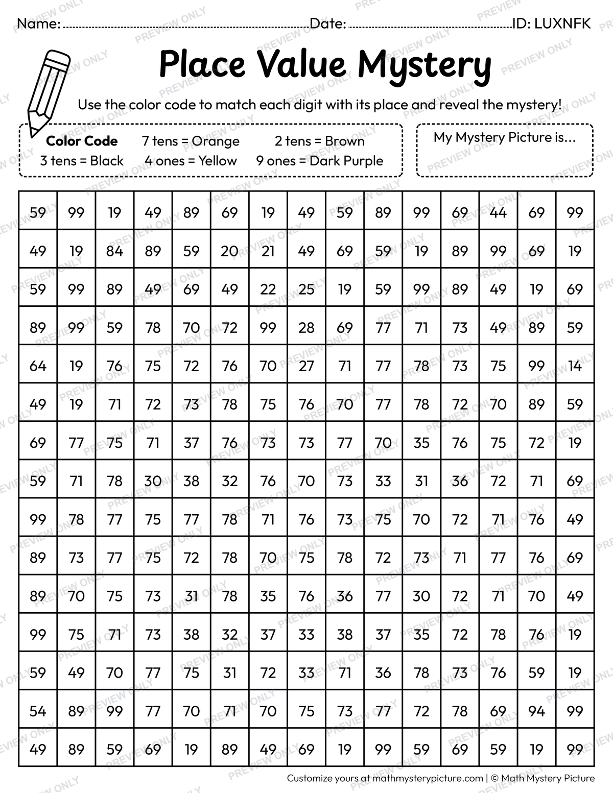 Halloween Jack-o'-lantern 2-digit Place Value Math Mystery Picture Coloring Worksheet