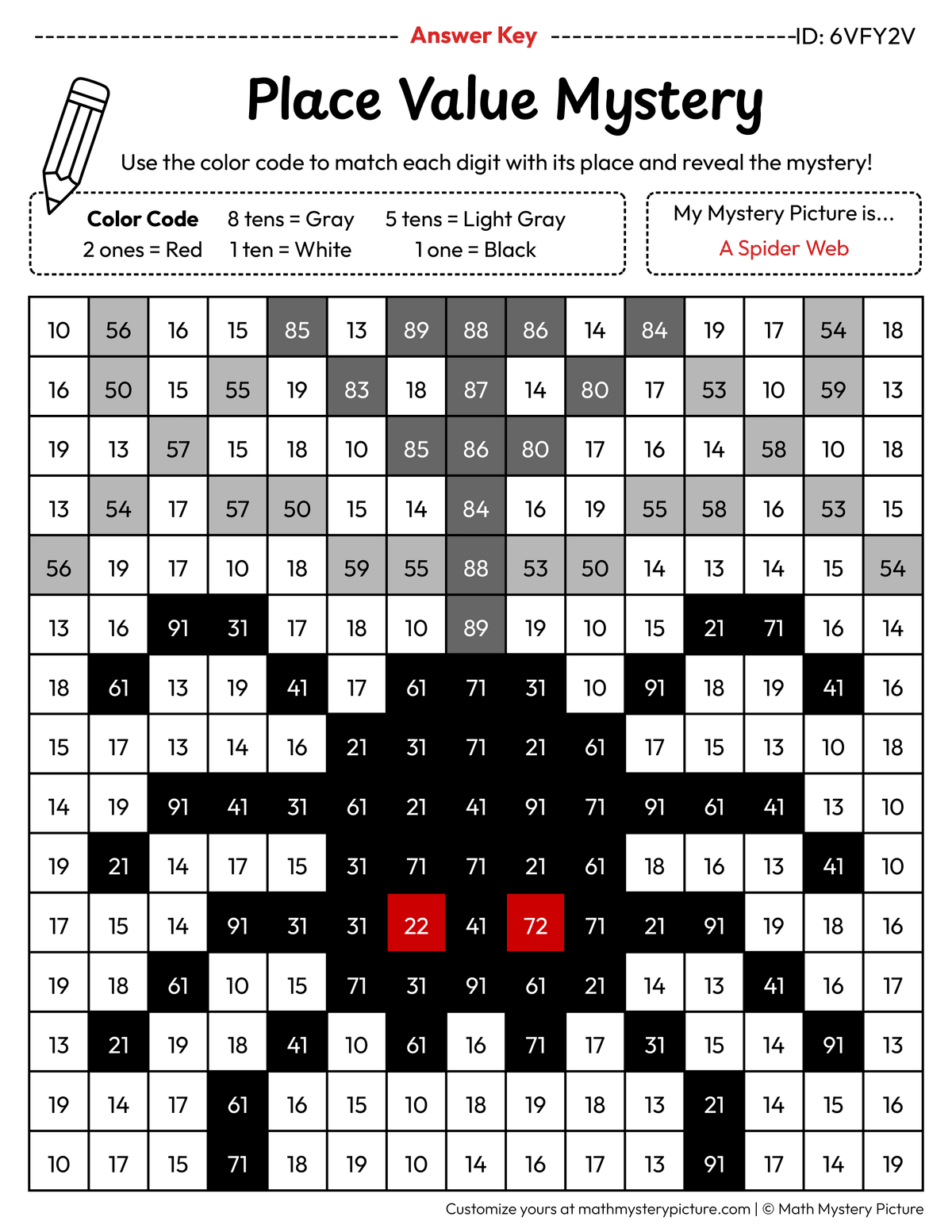 Halloween Spider Web 2-digit Place Value Math Mystery Picture Color by Number Answer Key