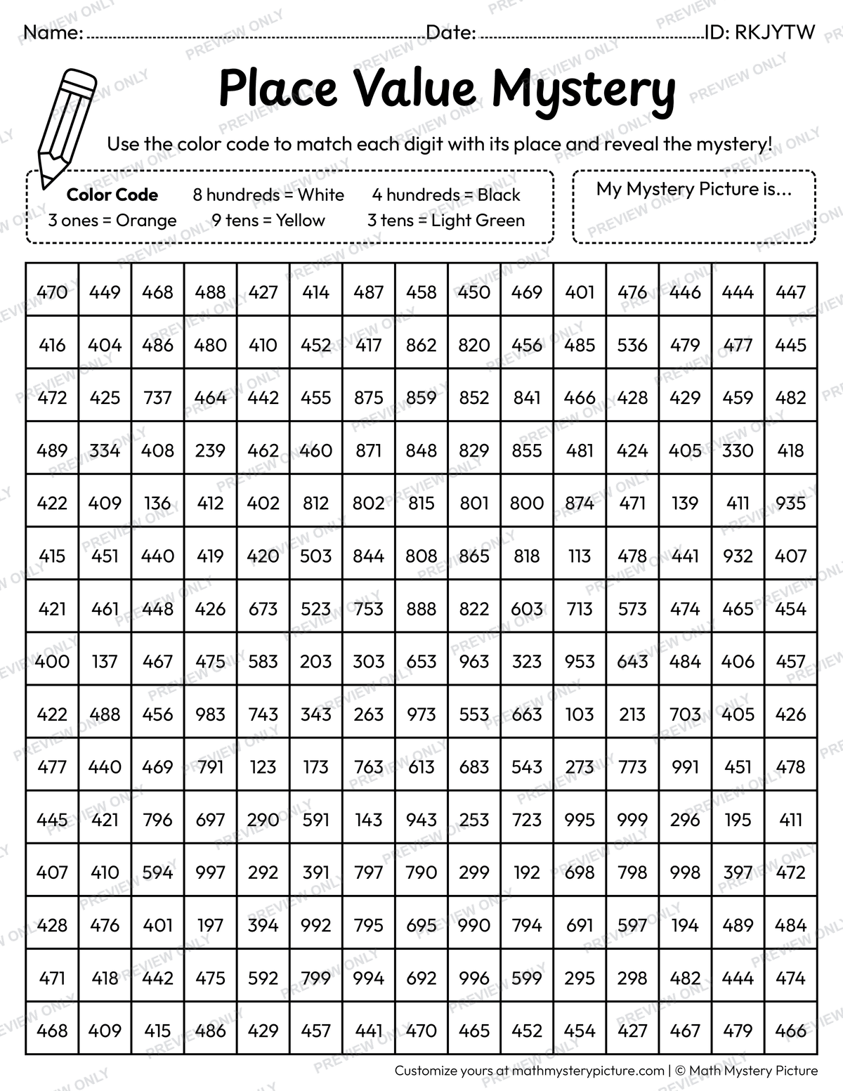 Halloween Candy Corn 3-digit Place Value Math Mystery Picture Coloring Worksheet