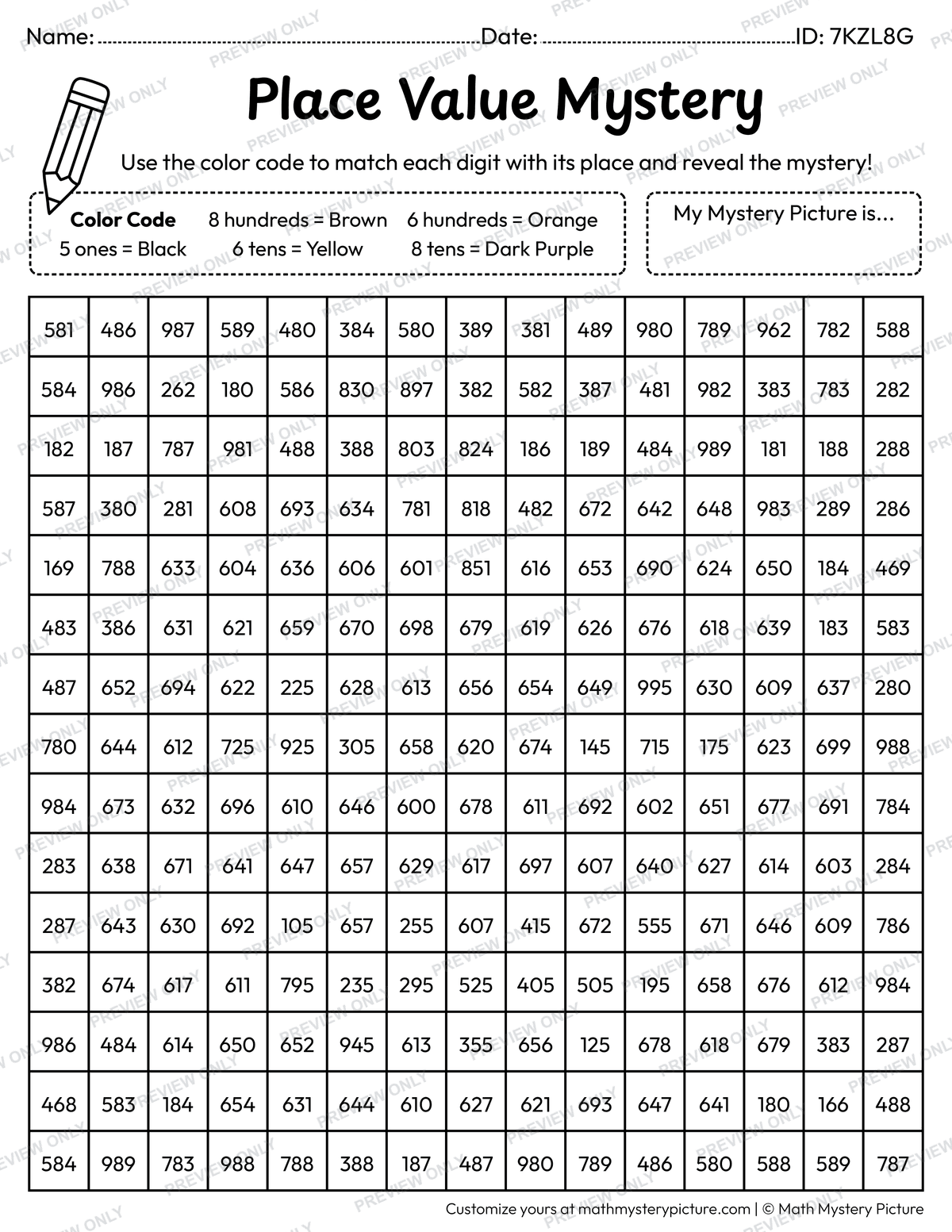 Halloween Jack-o'-lantern 3-digit Place Value Math Mystery Picture Coloring Worksheet