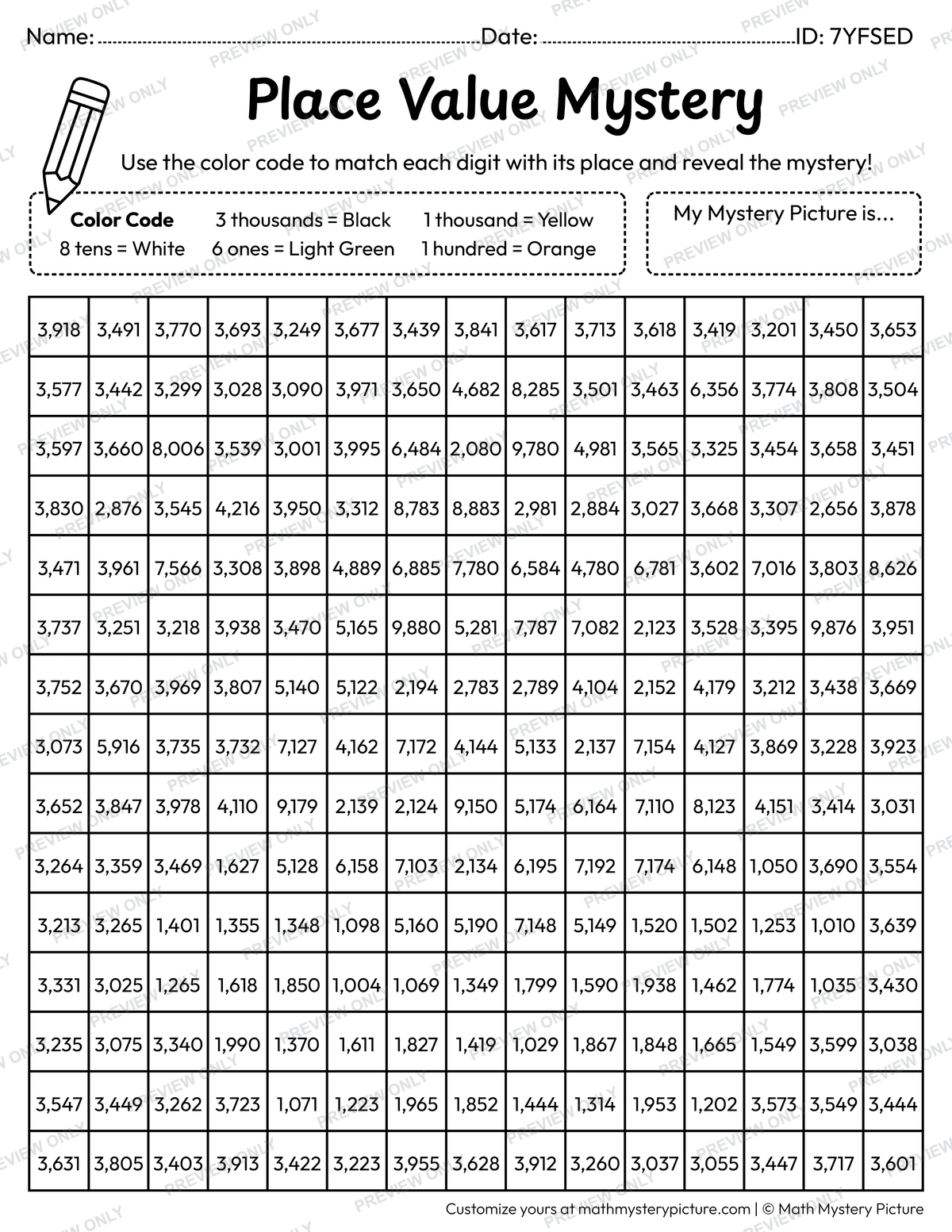 Halloween Candy Corn 4-digit Place Value Math Mystery Picture Coloring Worksheet