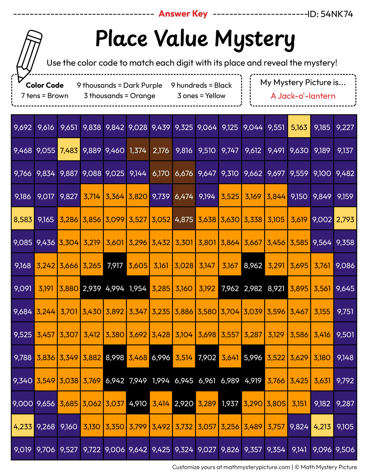 Halloween Jack-o'-lantern 4-digit Place Value Math Mystery Picture Color by Number Answer Key