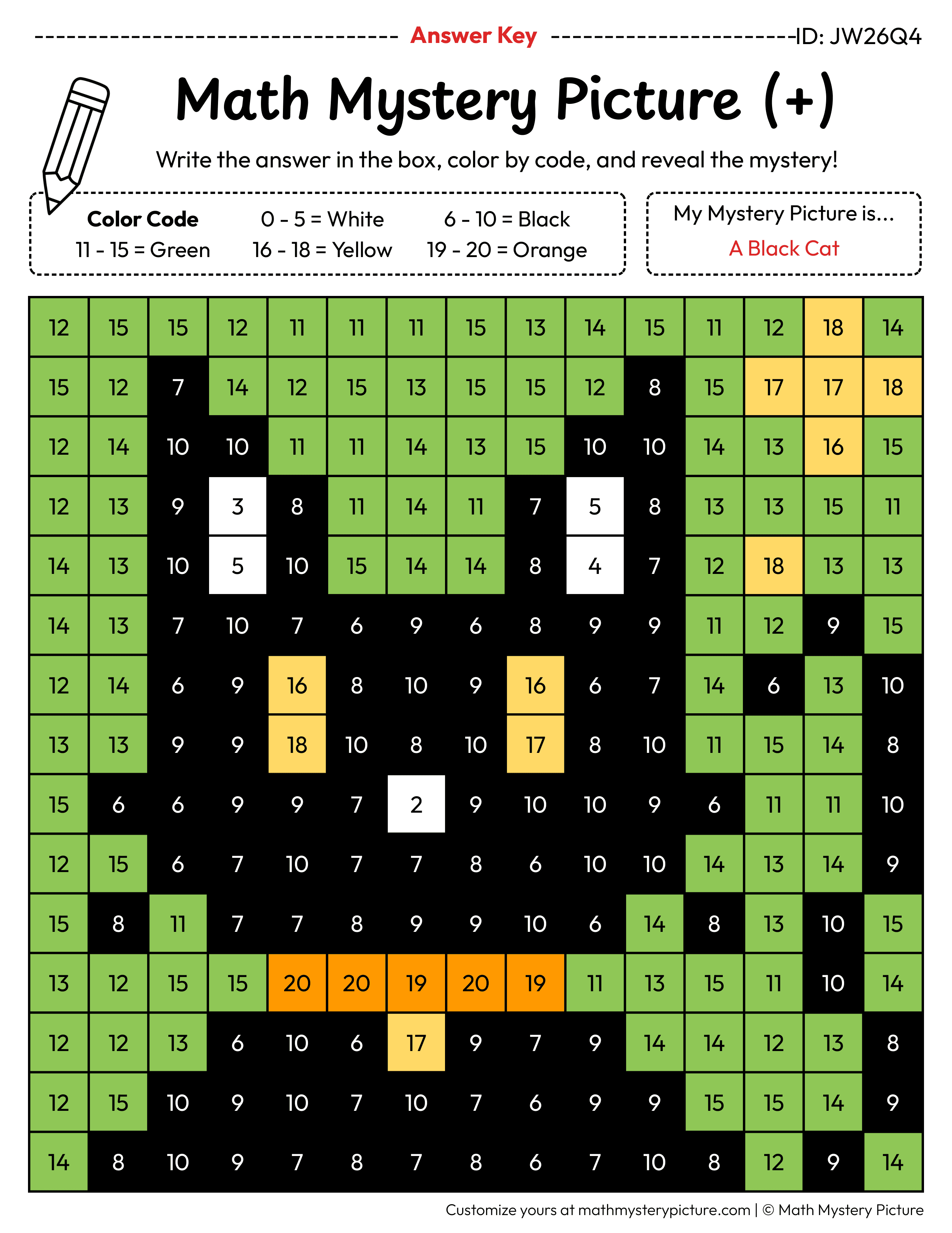 Halloween Black Cat Addition Within 20 Math Mystery Picture Color by Number Answer Key