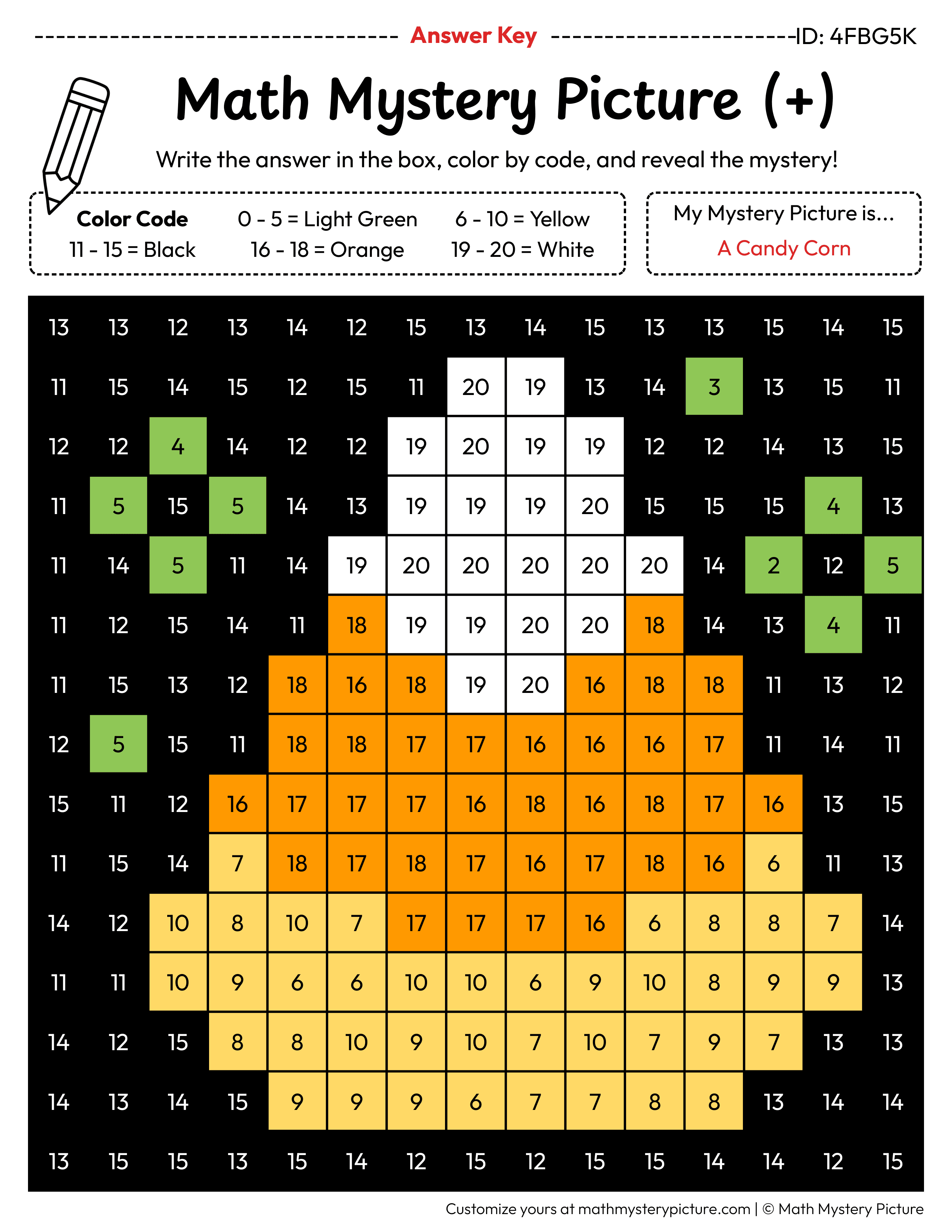 Halloween Candy Corn Addition Within 20 Math Mystery Picture Color by Number Answer Key